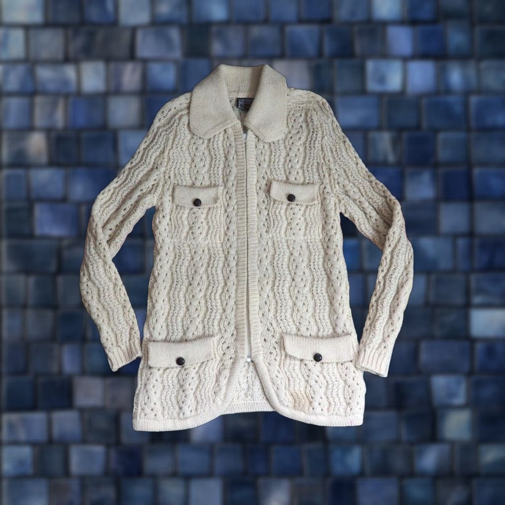 Vintage VTG Gaeltarra 100% Pure Wool Ireland Knit Zip Pocket Sweater Womens M Ivory 70s 80s Size M / US 6-8 / IT 42-44 - 1 Thumbnail