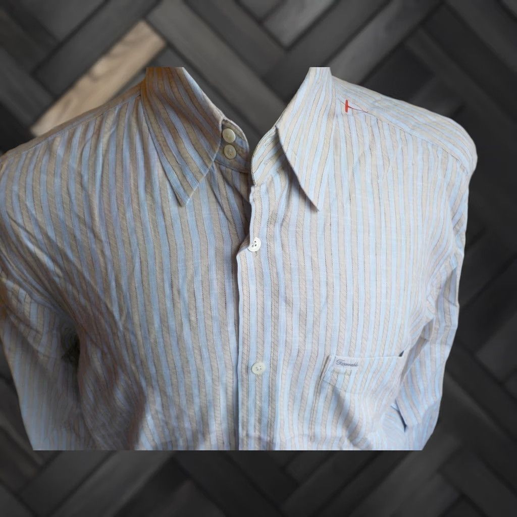 Faconnable FACONNABLE Button-Front Shirt Blue/Beige Striped Cotton/Linen M Adult Medium Size US M / EU 48-50 / 2 - 1 Thumbnail