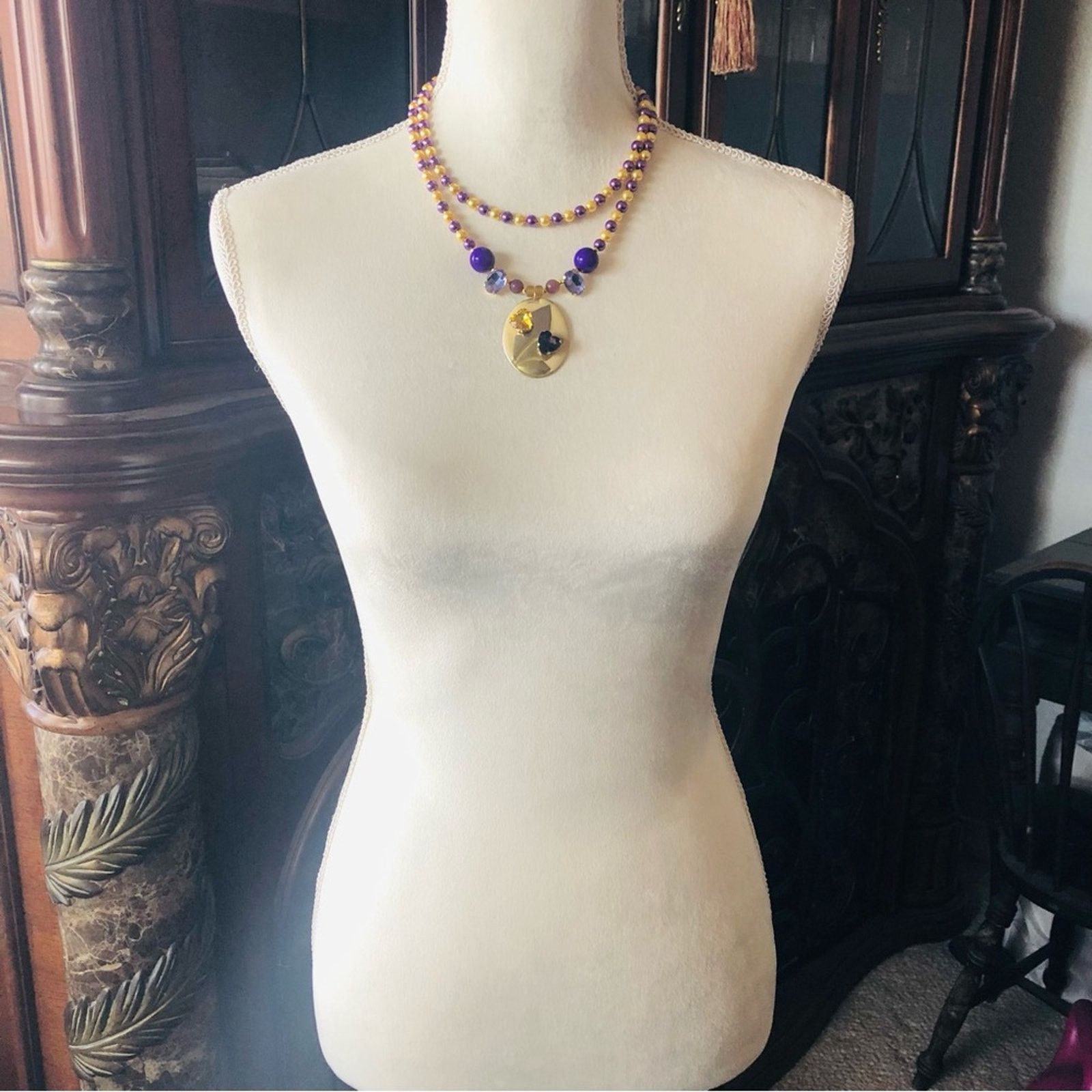 Handmade Handcrafted repurpose purple and gold glass Pearl necklace Size ONE SIZE - 6 Thumbnail