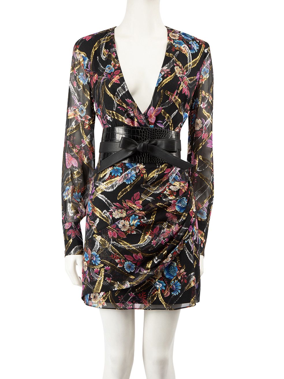 image of Pinko Floral Print Metallic Belted Mini Dress, Women's (Size Medium)