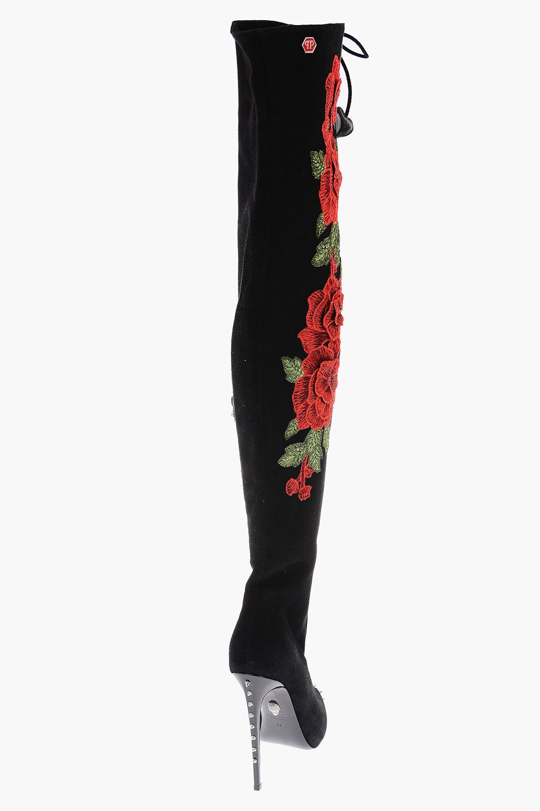 Philipp Plein og1mm0824 Leather Roses Show Peep Toe Lace-Up Boots in Black Size US 7 / IT 37 - 2 Thumbnail