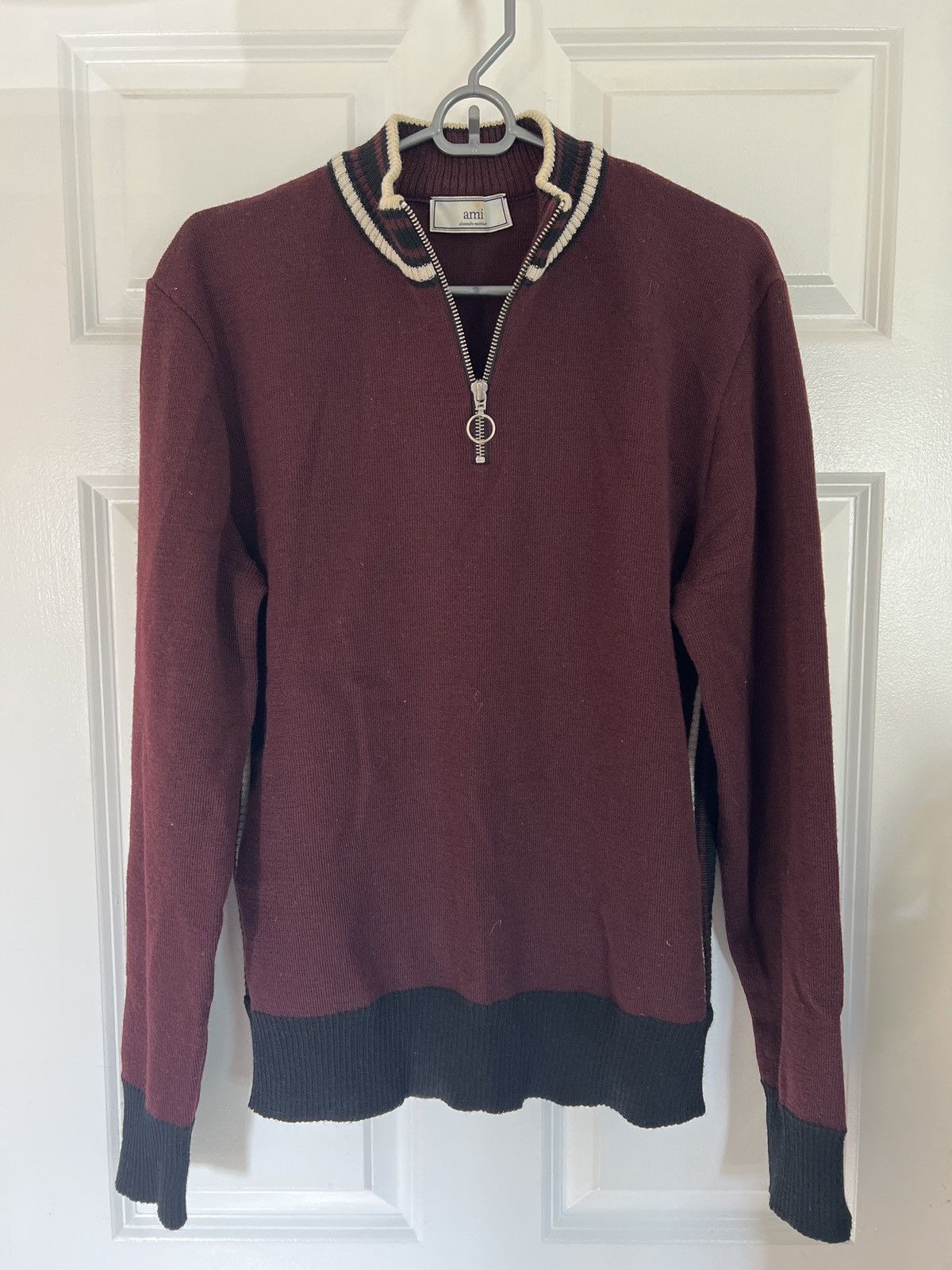 AMI AMI Stripe-Trimmed Wool Half-Zip Sweater Size US M / EU 48-50 / 2 - 1 Thumbnail