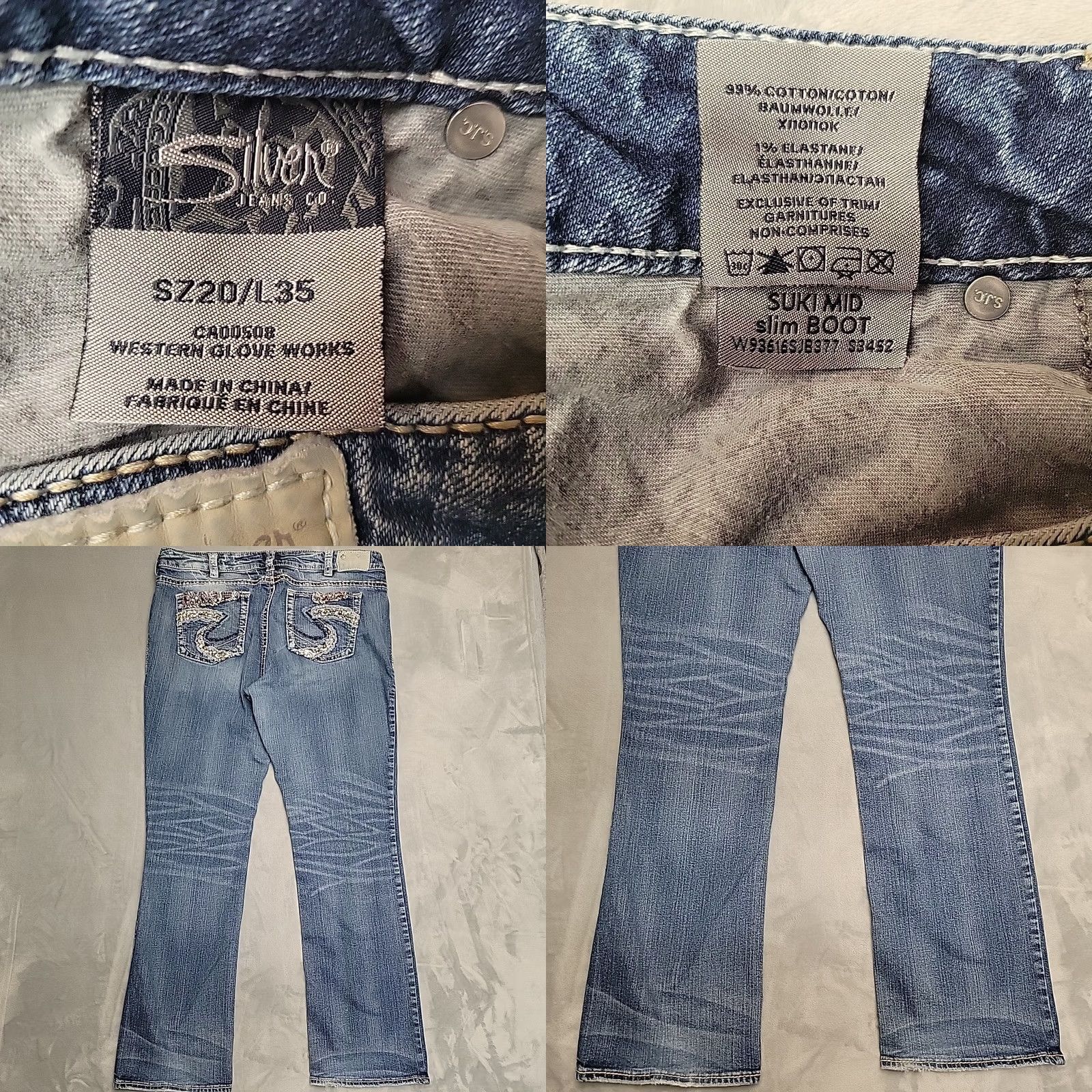 Silver Jeans Co. VINTAGE Silver Jeans Womens 20 Tall Suki Slim Bootcut Stretch Blend Thick Stitch Cowboy Jeans Blue 34in Inseam with Belt Loops Womens Size 42" / US 20 - 8 Thumbnail
