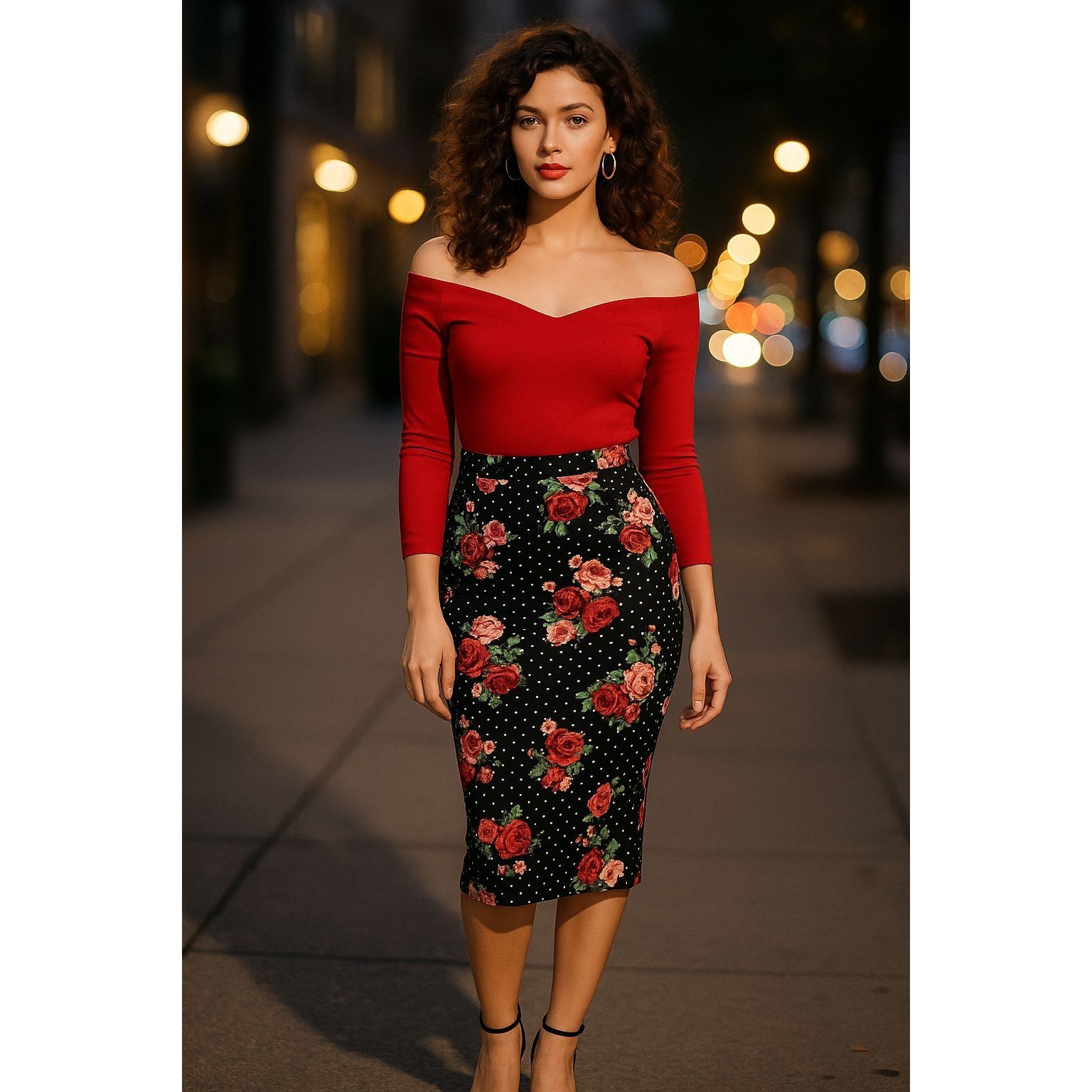 Other ABN Floral Pencil Skirt M Black White Dot High Waist Stretch Size 27" / US 4 / IT 40 - 2 Thumbnail
