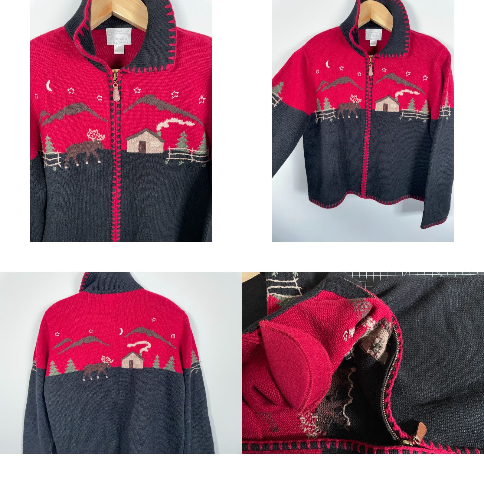 Vintage VINTAGE Hand Embroidered Scenic Nature Zip Cardigan Women's Large Black Red Moose 2002 Size L / US 10 / IT 46 - 9 Thumbnail