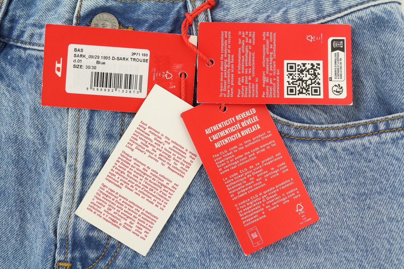Diesel 1995 D-SARK 09I29 W30/L30 Blue Slim Straight 85402 Size US 30 / EU 46 - 9 Thumbnail