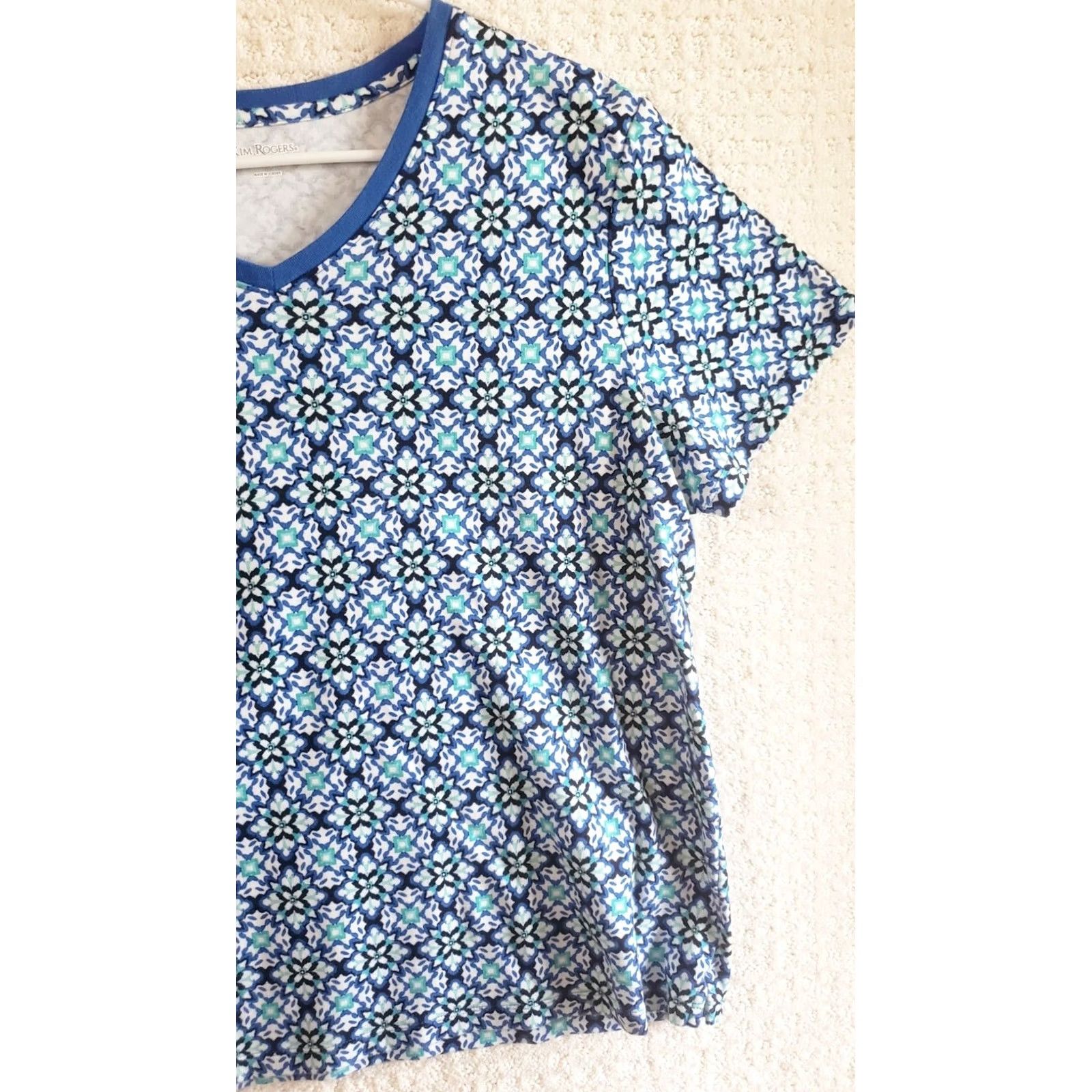 Vintage Kim Rogers Women's XL Blue Floral 100% Cotton Pullover Top Shirt Size XL / US 12-14 / IT 48-50 - 3 Thumbnail