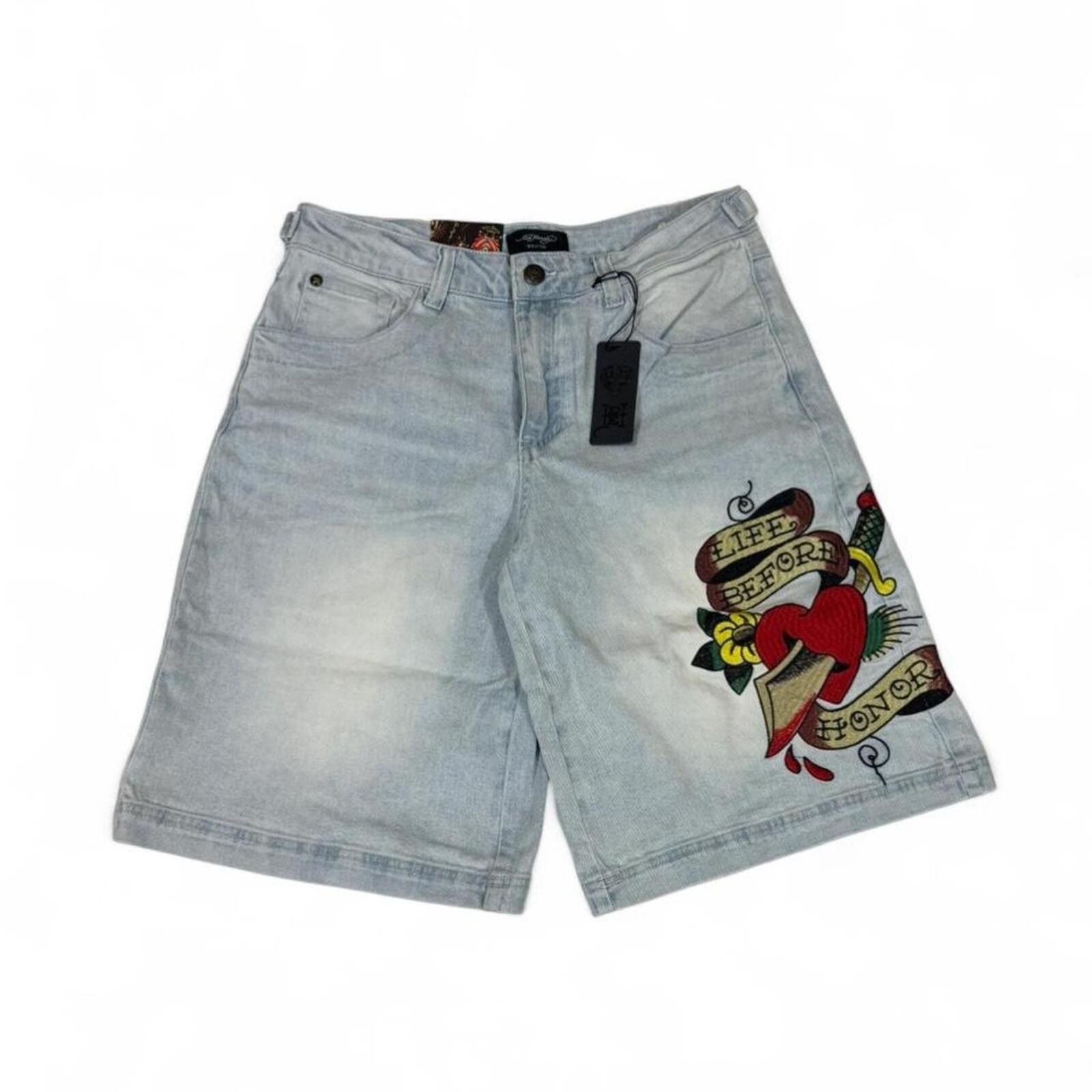 Ed Hardy Ed Hardy denim shorts with design LIFE BEFORE HONOR ❤️‍🩹 Size 31" - 1 Thumbnail
