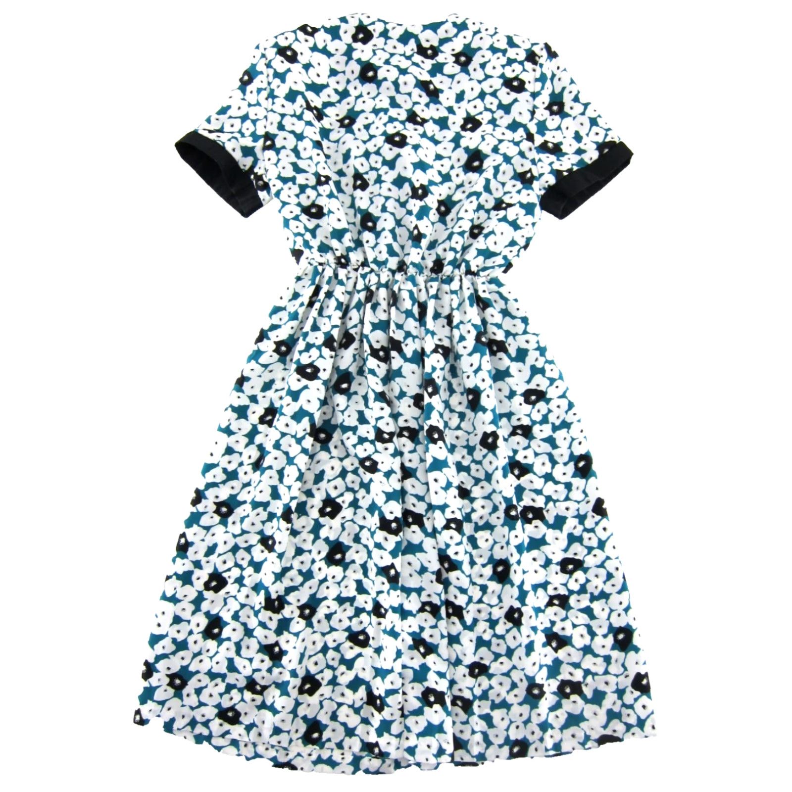 Vintage VTG Winning Ticket Green Black White Floral Short Sleeve Midi Secretary Dress 8 Size 30" / US 8 / IT 44 - 2 Thumbnail