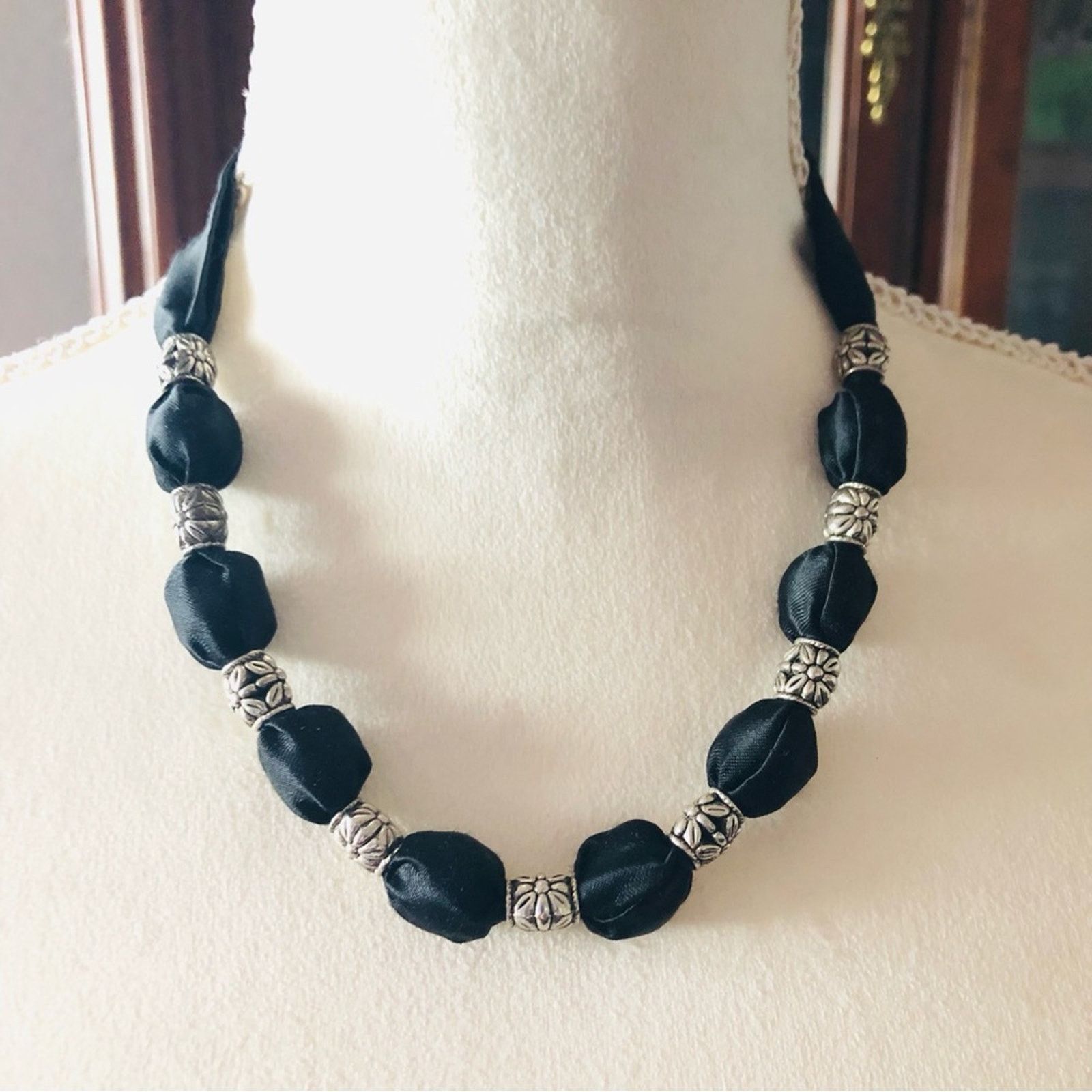Handmade Country Girl black satin fabric covered bead necklace Size ONE SIZE - 1 Thumbnail