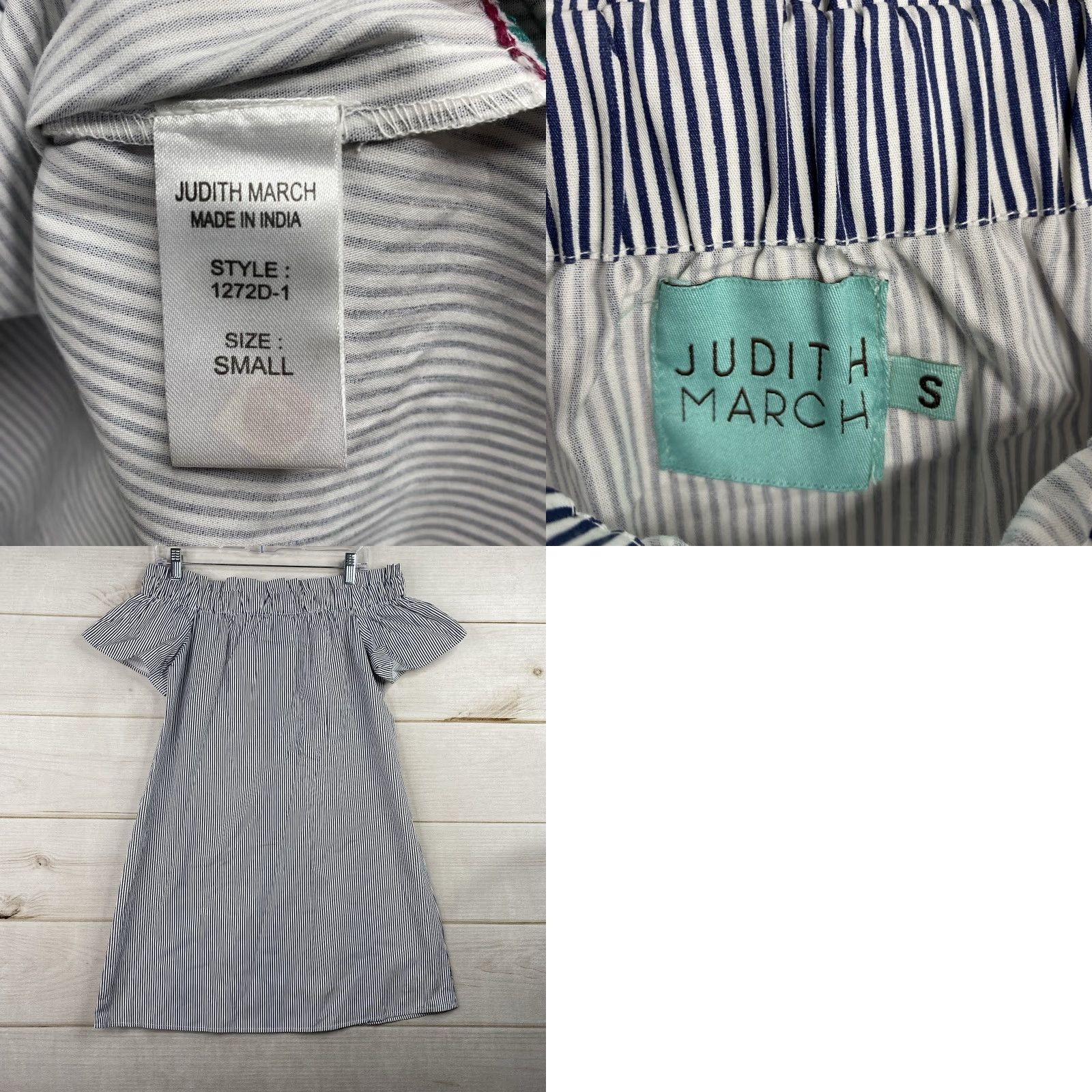 Vintage Judith March Dress S Blue Stripe Embroidered Peasant Off Shoulder Knee Length Boho Floral 100% Cotton Size S / US 4 / IT 40 - 8 Thumbnail