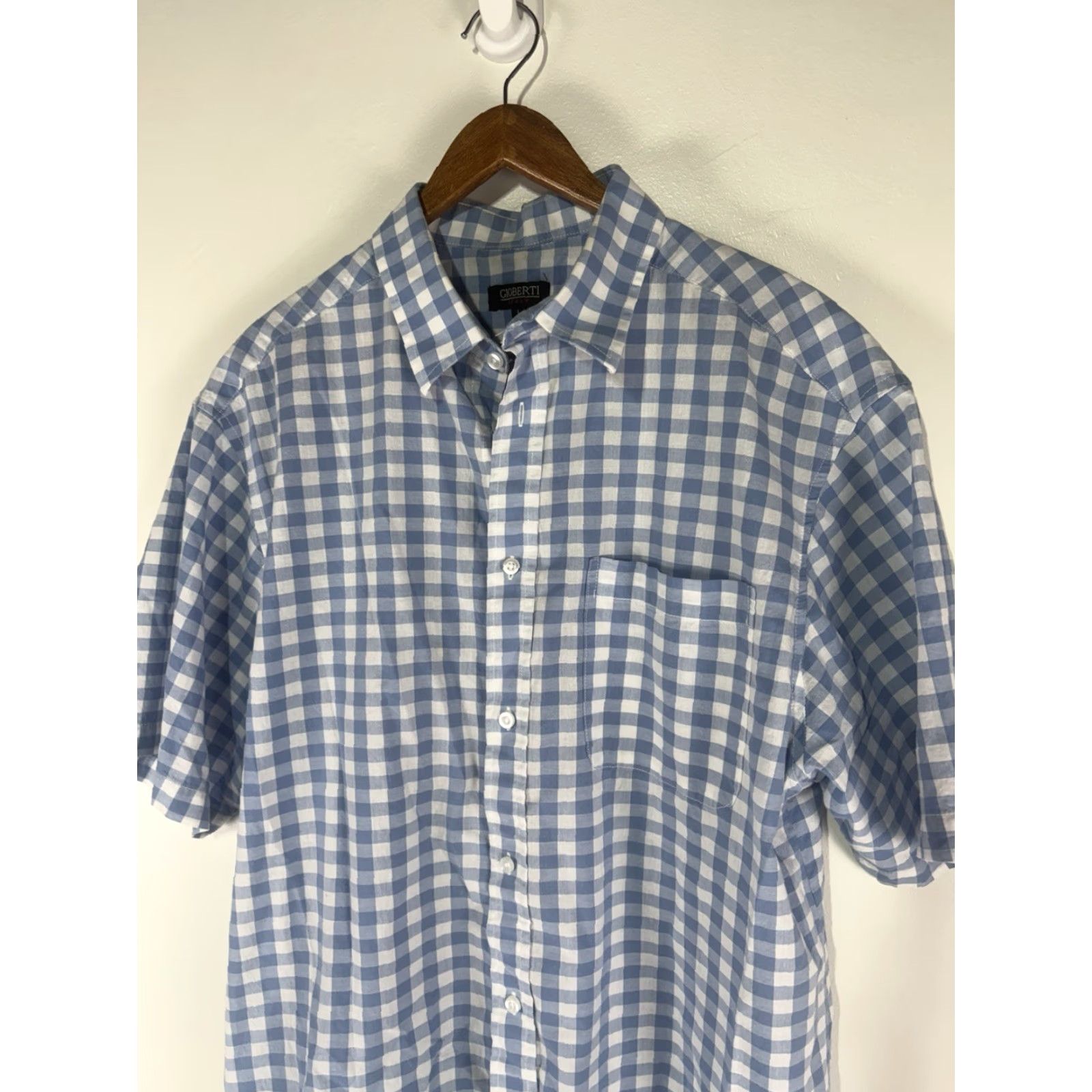 Vintage VINTAGE? No. Gioberti Italy Button-Up Shirt Men L blue/white check 100% cotton casual workwear breathable pockets Size US L / EU 52-54 / 3 - 2 Thumbnail