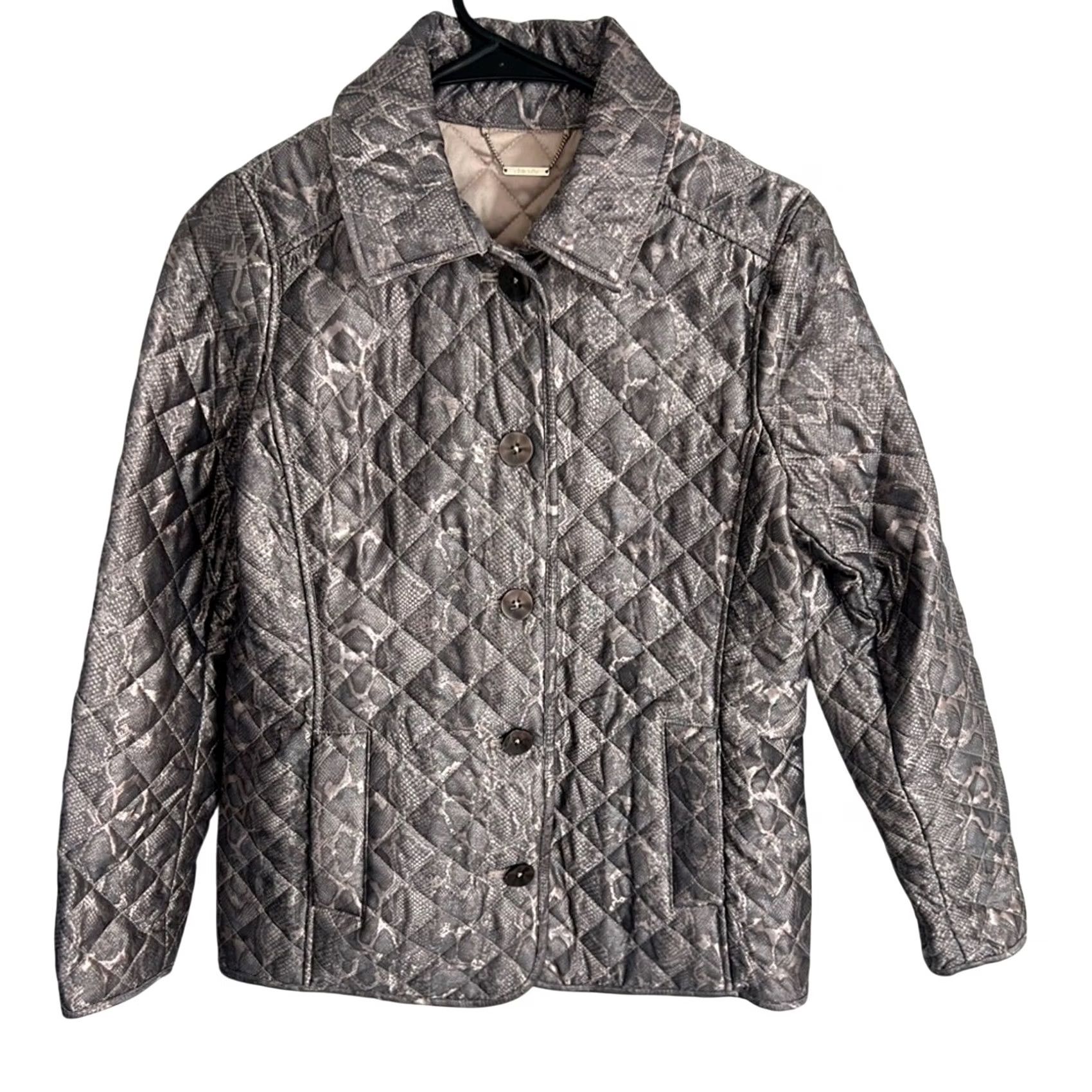 Vintage CHICO'S Women Jacket Coat Quilted Metallic Python Snake Silver Size 2 Regular Fully Lined Elegant Shirt/Jacket Womens Size XS / US 0-2 / IT 36-38 - 2 Thumbnail