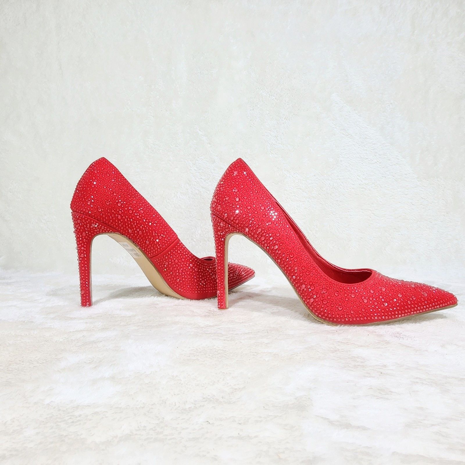 Other Bright Red High Heel Stiletto Pumps Rhinestones Party Shoes Size US 6.5 / IT 36.5 - 3 Thumbnail