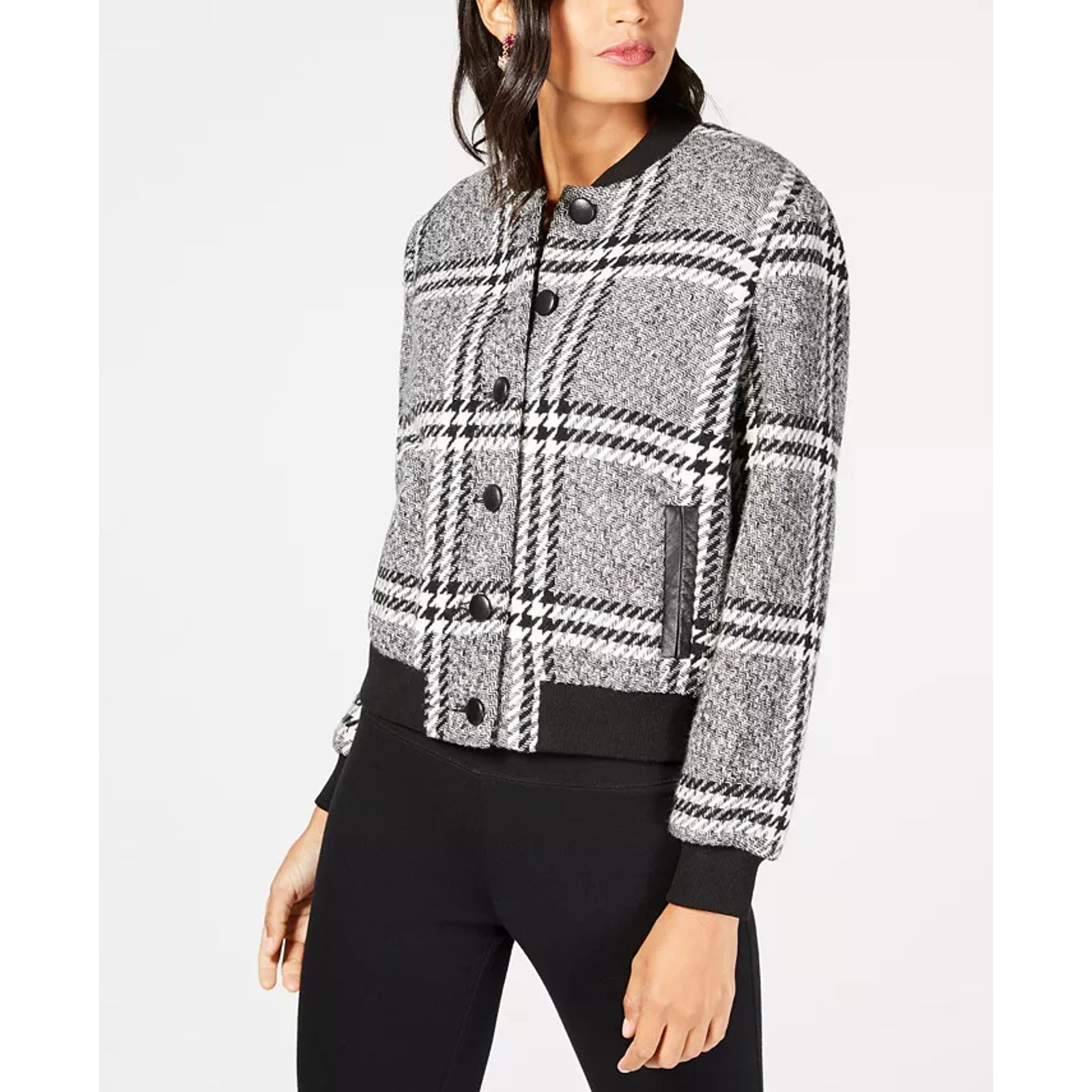 image of Rachel Zoe Cate Button Front Wool Plaid Jacket - Houndstooth in Grey, Women's (Size Medium)