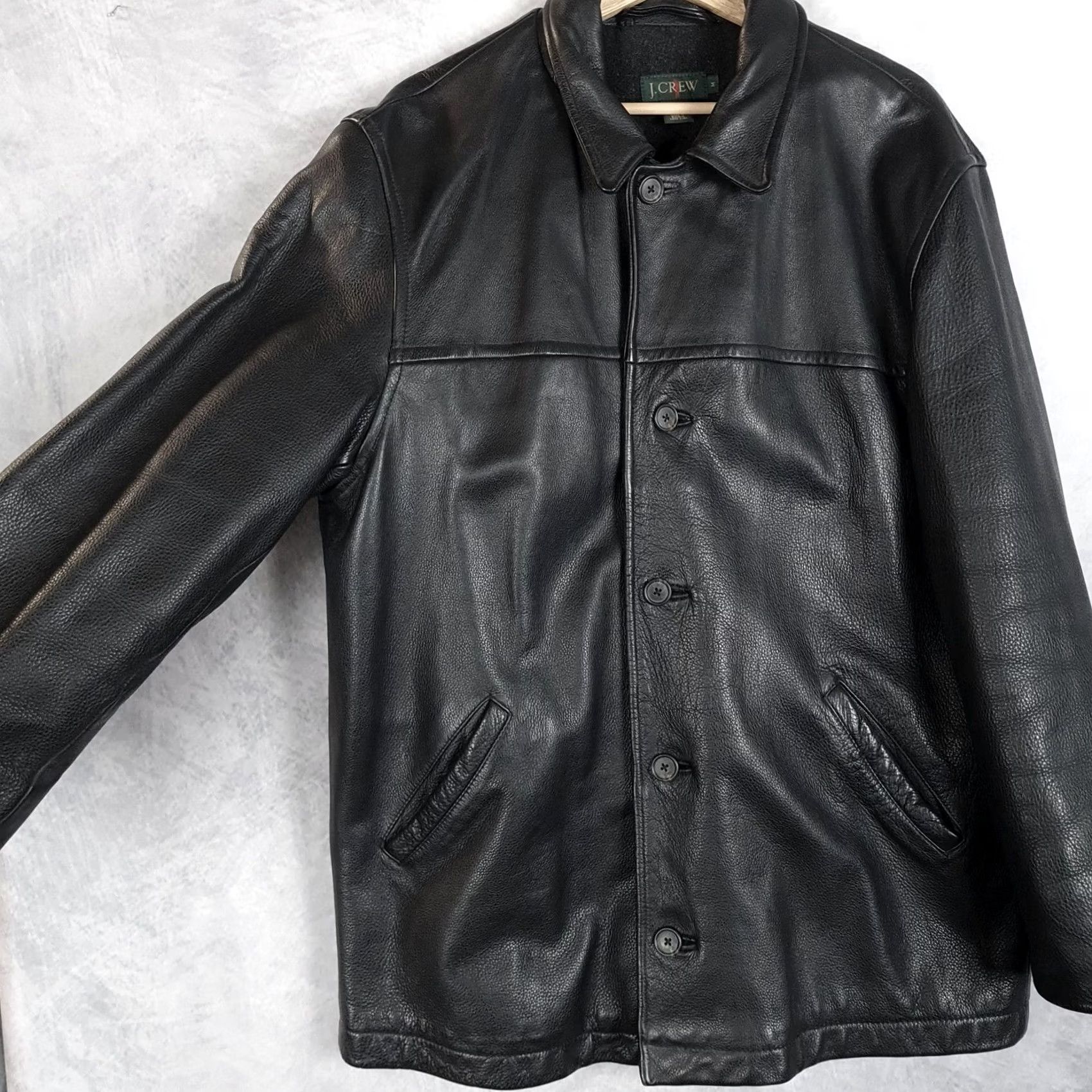J.Crew J.CREW Coat Mens Medium Black Leather Wool Lined Button Front Car Coat Size US M / EU 48-50 / 2 - 2 Thumbnail