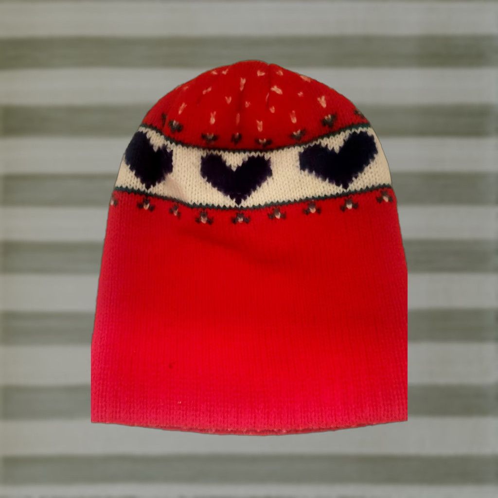 Vintage VINTAGE Hansen Beanie Ski Hat - Red White Blue Knit - Heart Design - Women One Size - Acrylic Knit Beanie Size ONE SIZE - 1 Thumbnail