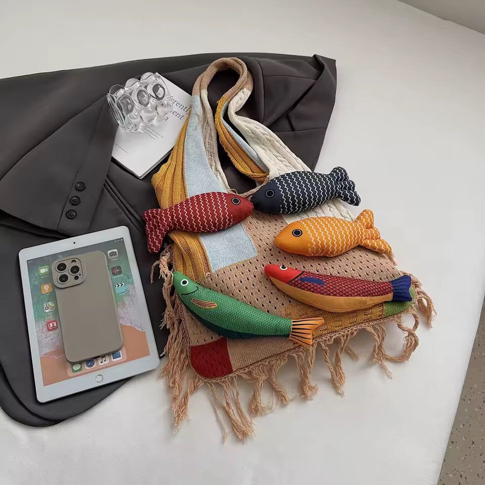 Handmade Handmade Knitted Fish Summer Beach Shoulder Shopping Bag Size ONE SIZE - 3 Thumbnail