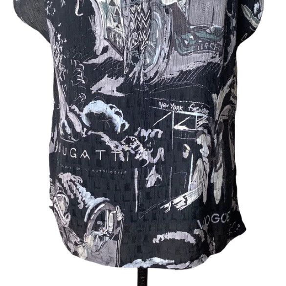 Vogue VINTAGE Bugatti Car Themed Blouse Women's L Black Viscose Short Sleeve Round Neck Pullover 70s 80s Couture Retro Car Graphic Men/Women? Size L / US 10 / IT 46 - 5 Thumbnail
