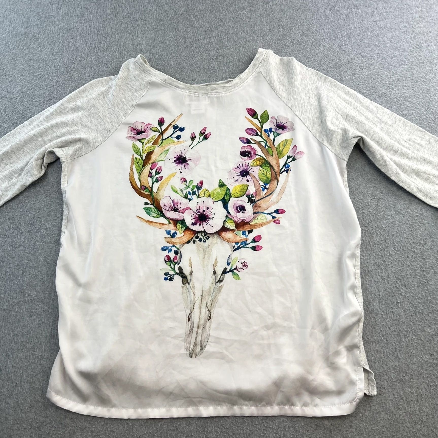 Ariat Ariat Shirt Womens Small White Gray Floral Antler Skull Raglan Western Top Size S / US 4 / IT 40 - 4 Thumbnail