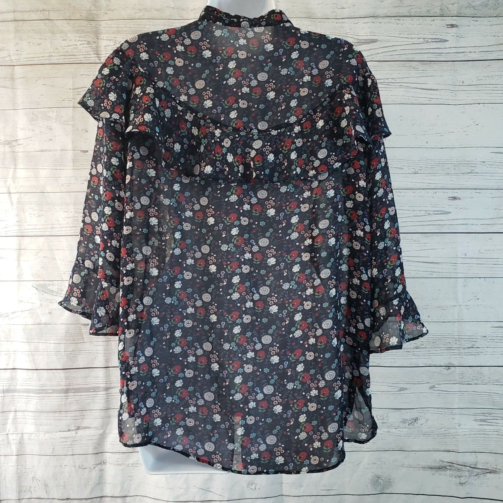 Vintage VINTAGE LeShop Womens Blouse Sz Small Blue Red Floral Sheer 3/4 Sleeve Ruffle Size S / US 4 / IT 40 - 4 Thumbnail