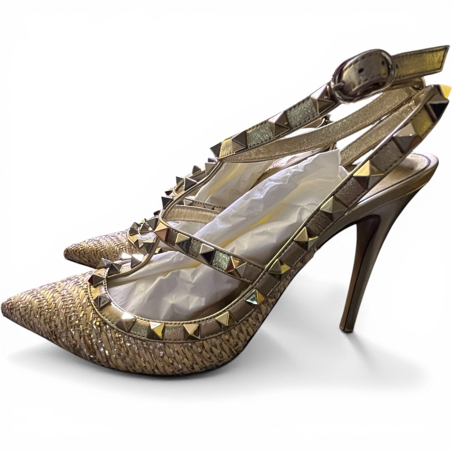 Valentino Valentino Rockstud T Strap Raffia Pumps Gold Studded 38 Heel Size US 8 / IT 38 - 3 Thumbnail