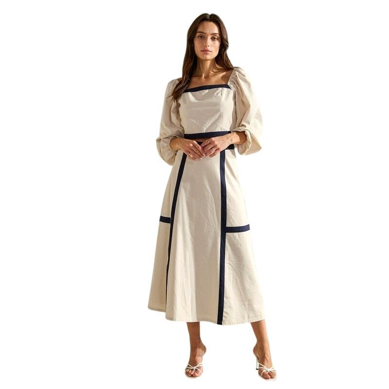 ABLE ABLE Sand Navy Contrast Trim Square Neck Top Midi Skirt Set Size 30" / US 8 / IT 44 - 2 Thumbnail