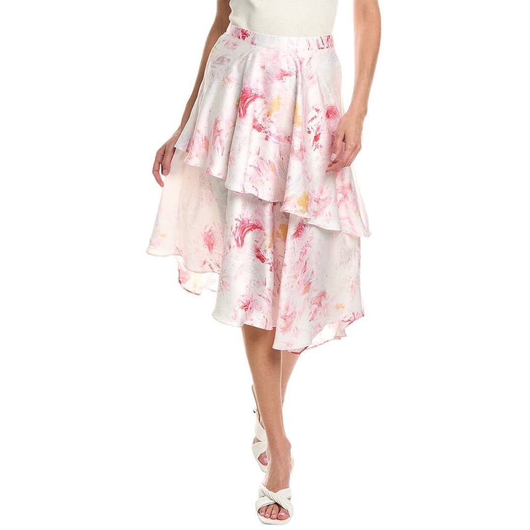 image of Bcbgmaxazria Asymmetrical Satin Pink Marbled Midi Skirt Med in White, Women's (Size 29)