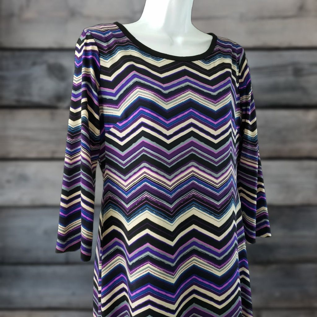 Vintage Eliza J Womens Shift Dress 10P Purple Chevron 3/4 Sleeve Knee Length Petites Womens Dress Size L / US 10 / IT 46 - 1 Thumbnail