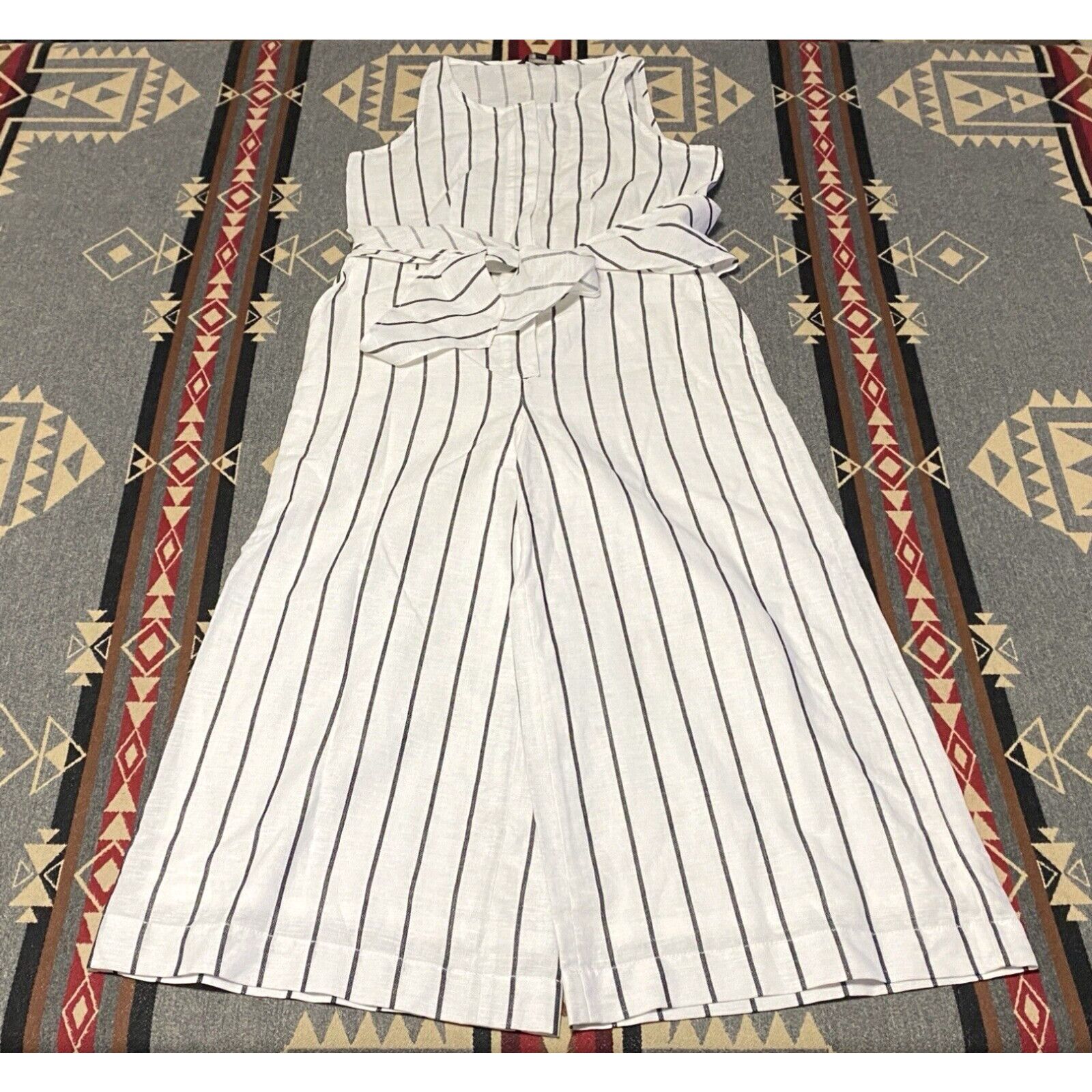 image of Banana Republic Linen Jumpsuit Black&white Stripes Belted Crops $149 Size 2P T75, Women's