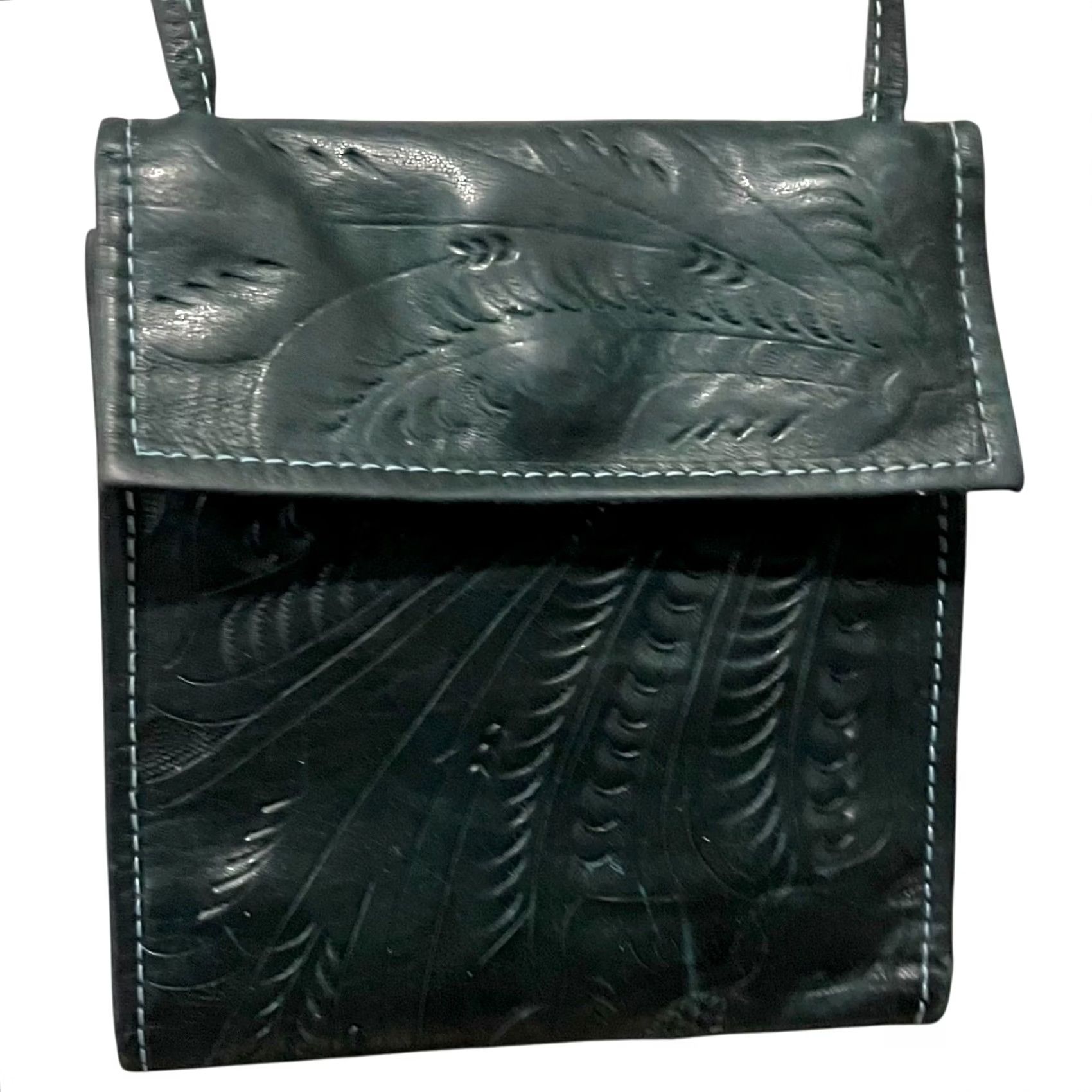 Vintage J.L. Saldivar Tooled Leather Purse Trifold Crossbody Boho Western Blue Womens Crossbody Purse Size ONE SIZE - 5 Thumbnail