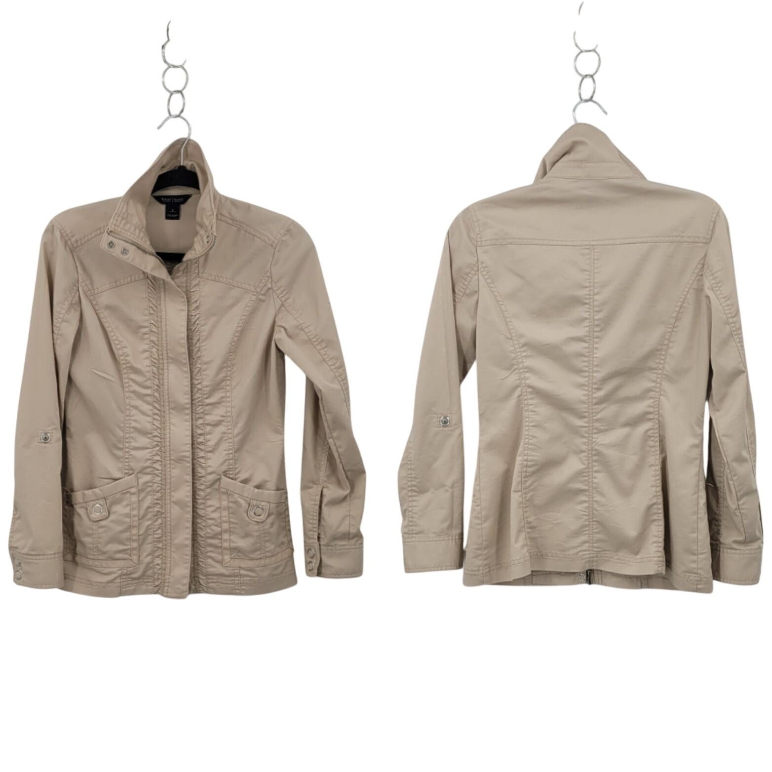 White House Black Market WHBM Womens Cream Lightweight Jacket 2 Ruched Cotton Zip Ne Size S / US 4 / IT 40 - 2 Thumbnail