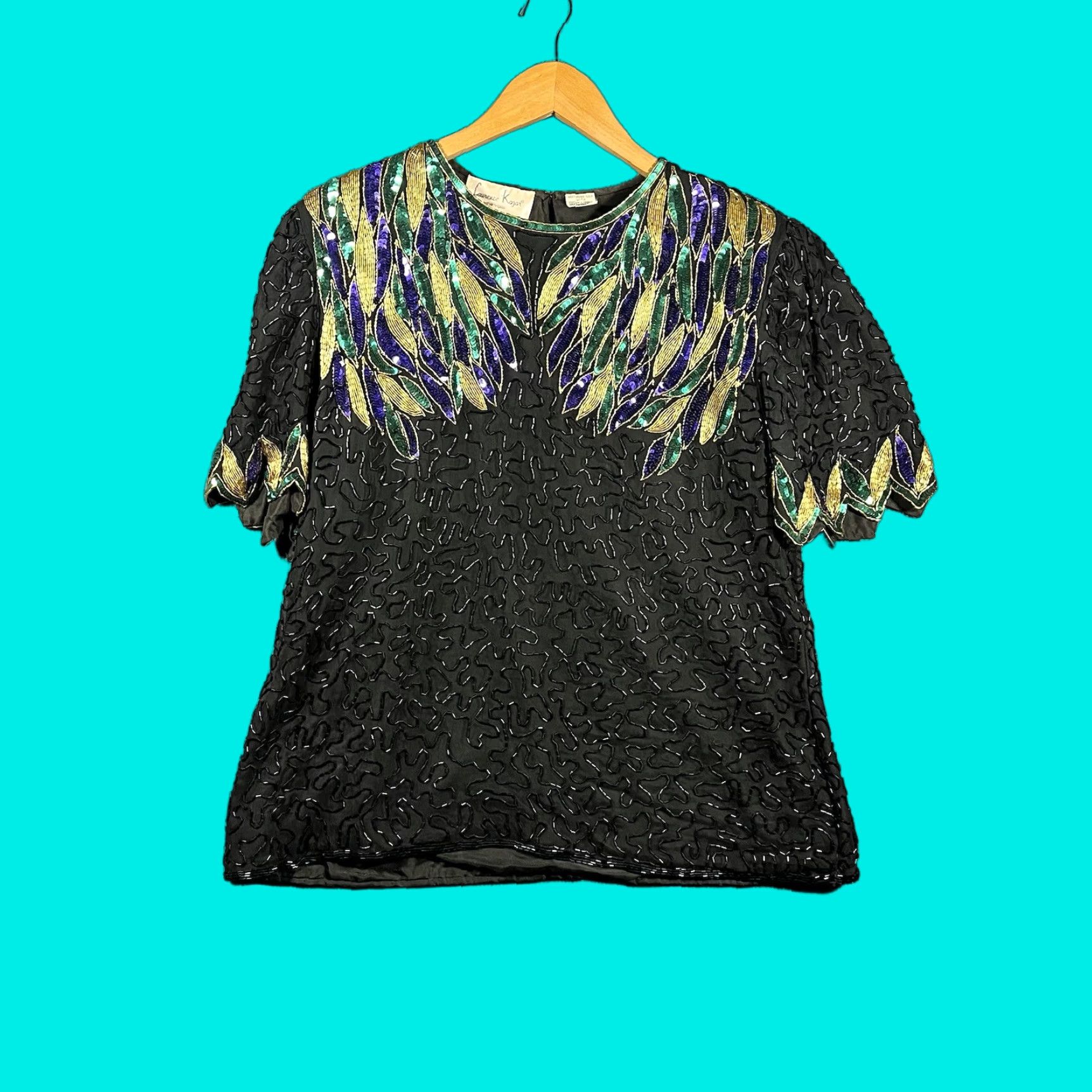 VINTAGE Laurence Kazar Beads & Sequins Silk Top Shirt XL Multi 1980s Eveningwear Womens