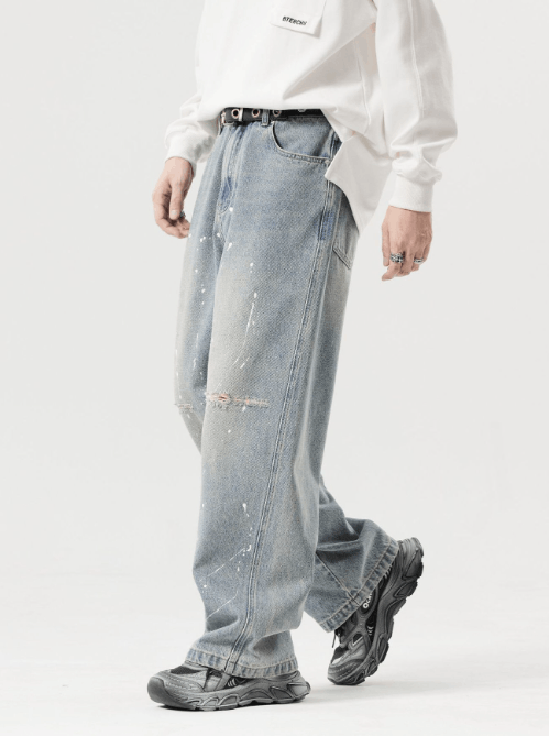 Japanese Brand × Jean American retro distressed ink-splashed wide-leg ripped jeans Size US 32 / EU 48 - 2 Thumbnail