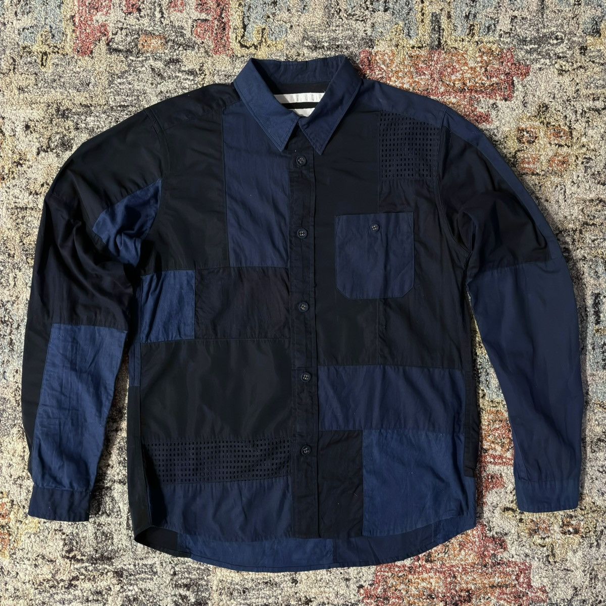 image of White Mountaineering Ss16 Franken Shirt Patchwork Mesh Polyester Cotton Japan in Blue (Size Small)