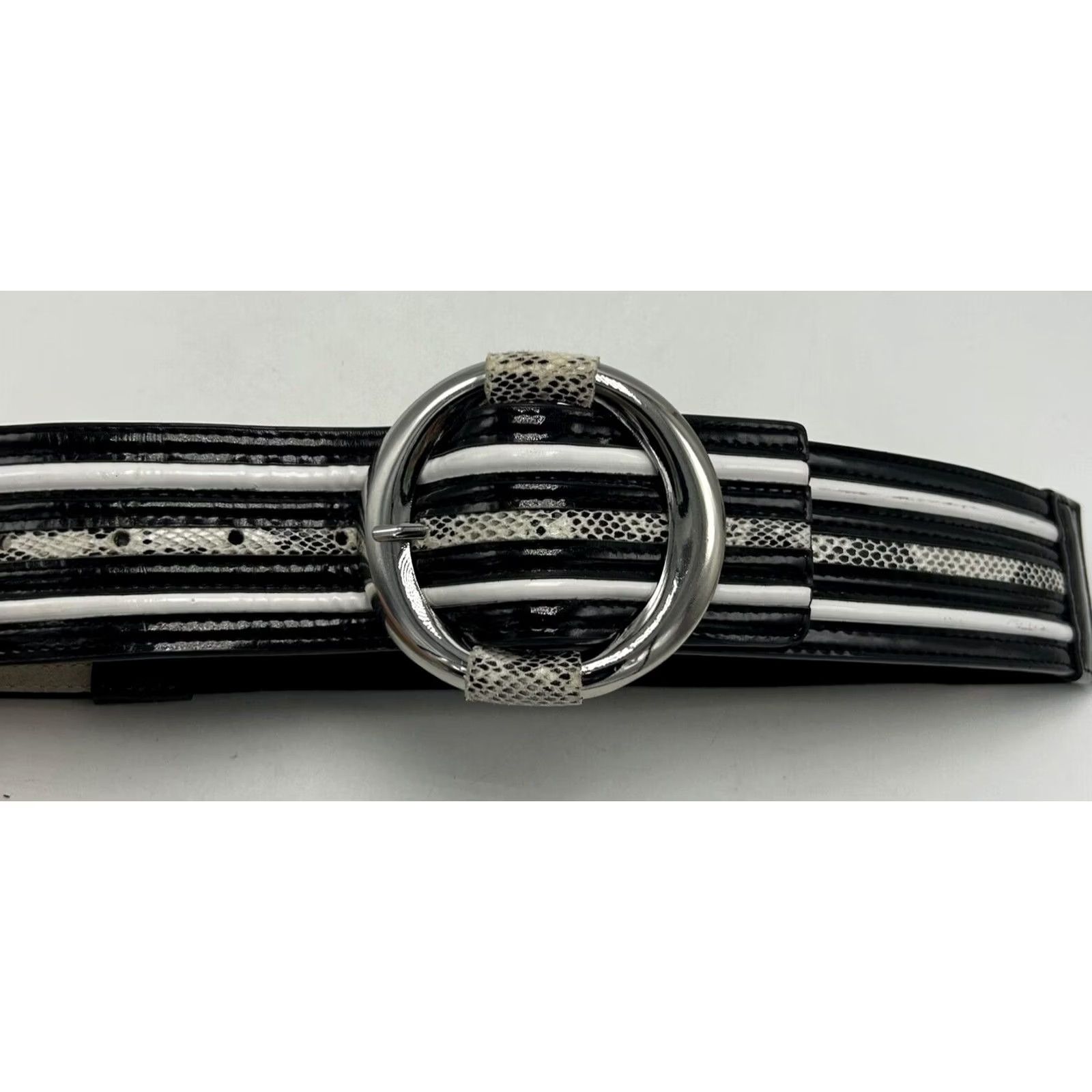 Vintage Statement Belt Womens XS Wide Black White Stretch Back Leather Snake Print 26-29 Size ONE SIZE - 5 Thumbnail