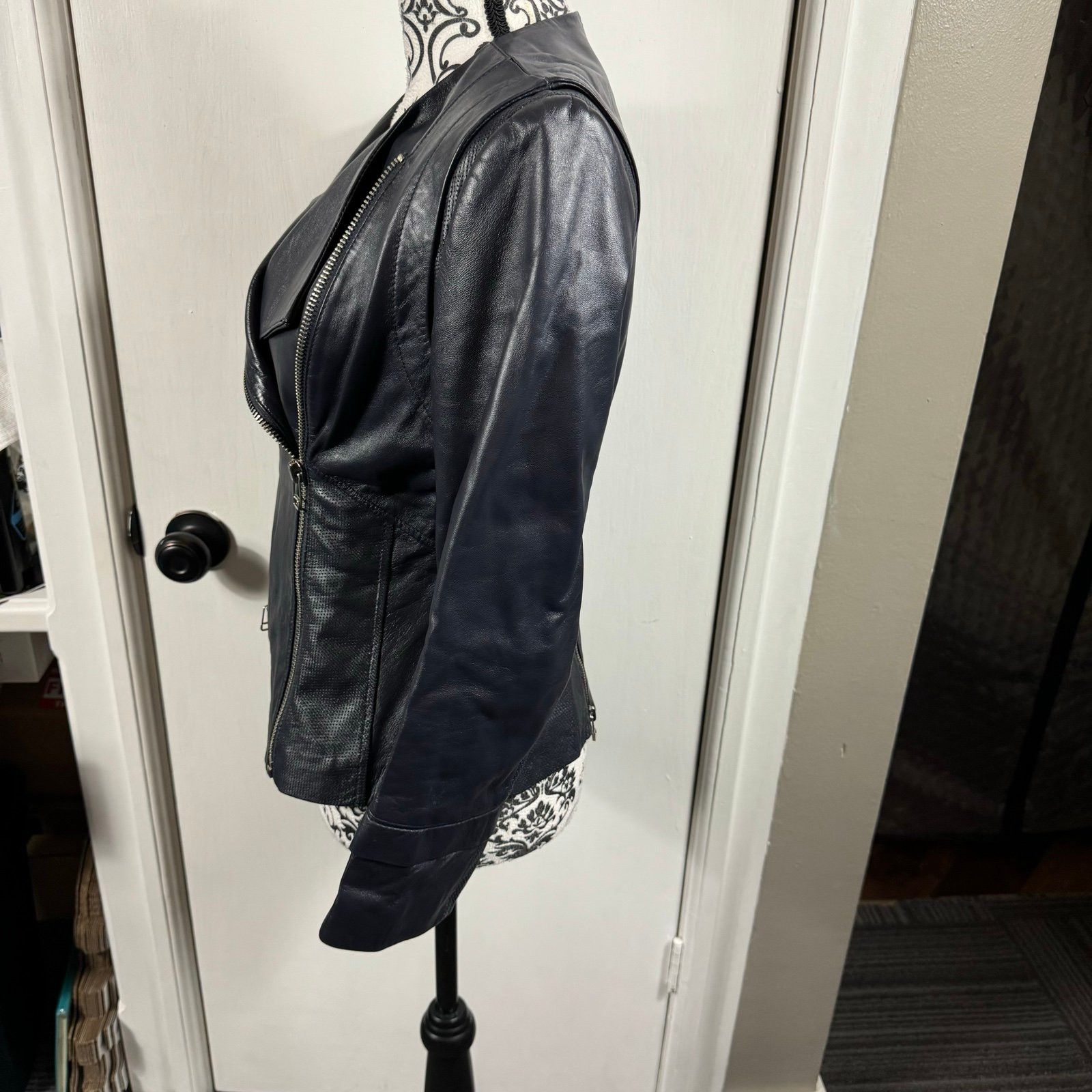 Other Philippe Adec navy blue 100% leather moto jacket size 4 Size S / US 4 / IT 40 - 6 Thumbnail
