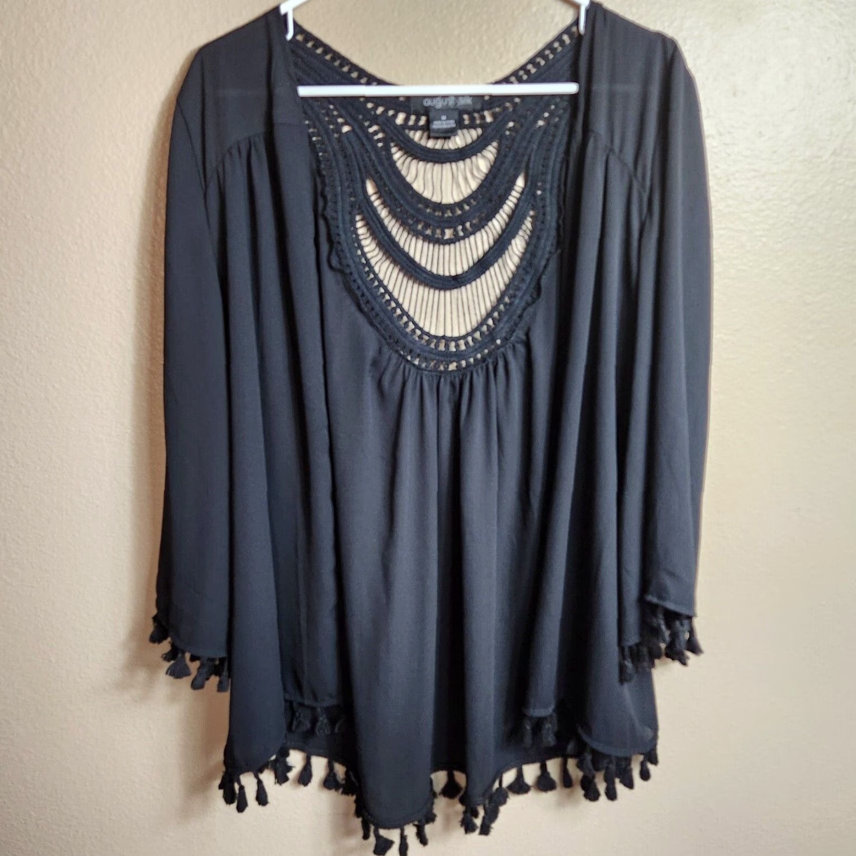 Vintage August Silk Womens Black Chiffon Jacket Open Crochet Inlay Tassels-Size M Bohemian Kimono 3/4 Sleeves Lightweight Satin? Wait no. Size M / US 6-8 / IT 42-44 - 2 Thumbnail
