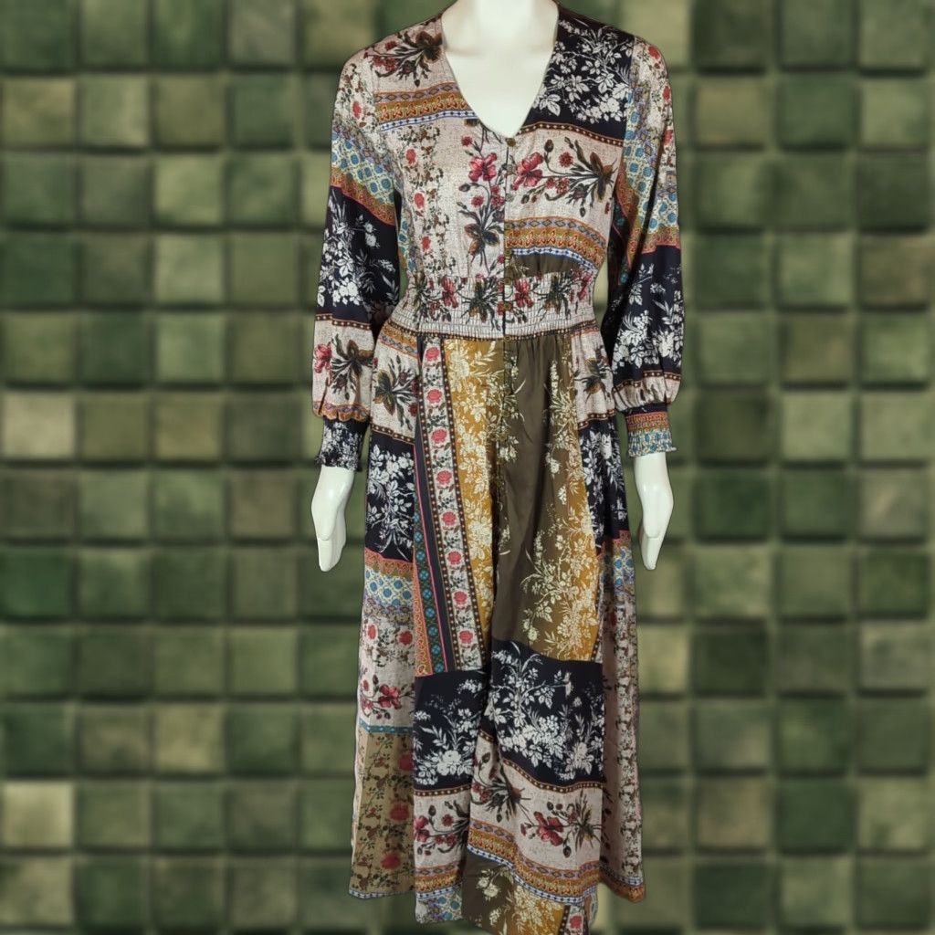 Halo Talisman Halo Maxi Boho Long Sleeve Dress S Button Front V-Neck Multicolor Patchwork Puff Sleeve Fruits? (Note: placeholder) Size S / US 4 / IT 40 - 1 Thumbnail