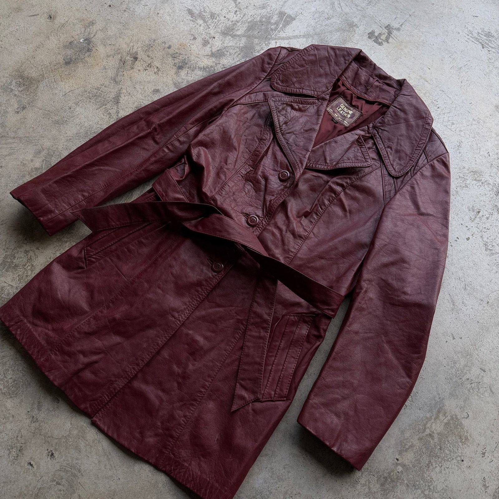 Other Vtg 80s Burgundy Genuine Leather Trench Coat Jacket Women Size XL / US 12-14 / IT 48-50 - 2 Thumbnail