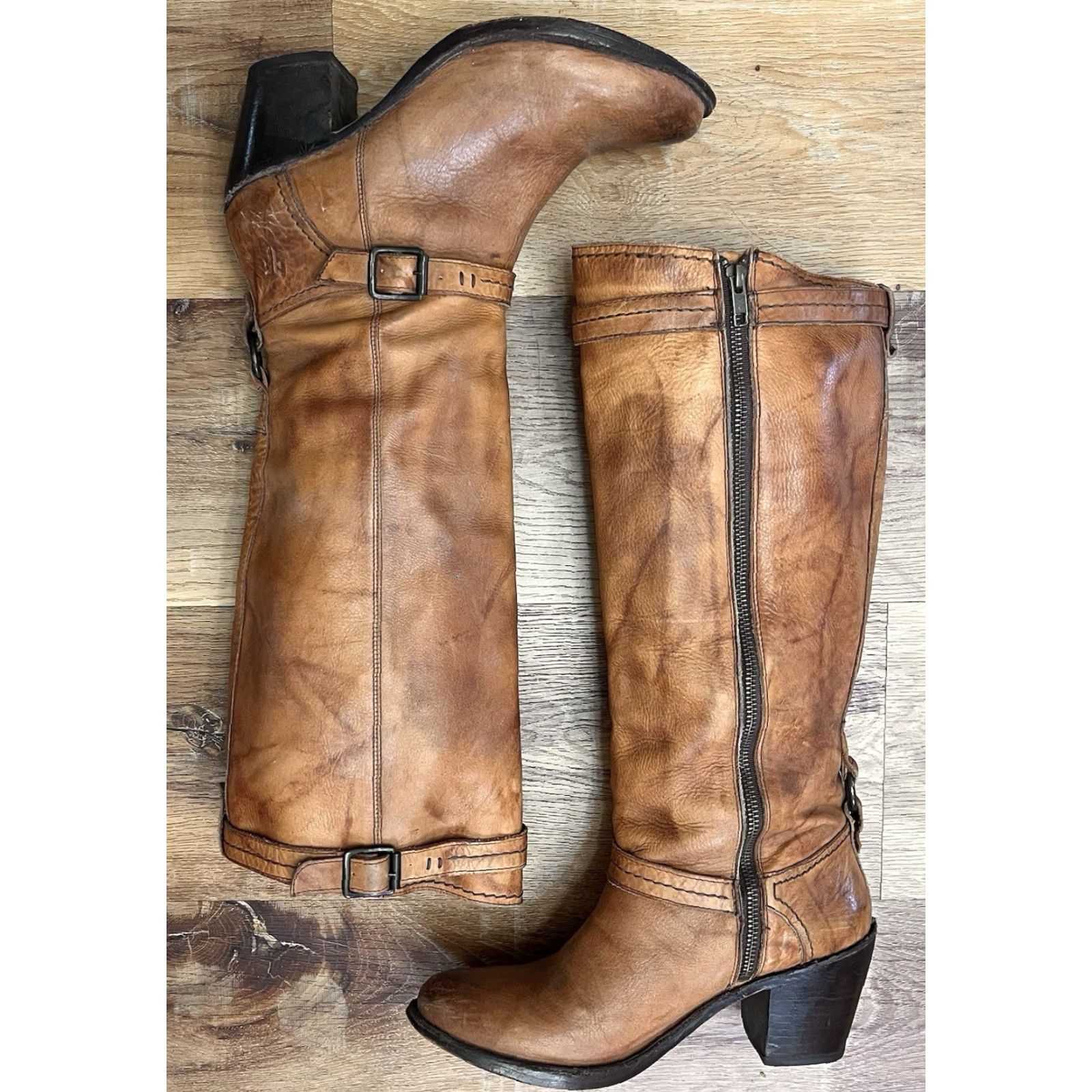 Frye FRYE Carmen Harness Tall Boot Leather Riding Biker Boots Womens 8 C Brown Leather Block Heel Knee High 2-3in Size US 8 / IT 38 - 3 Thumbnail