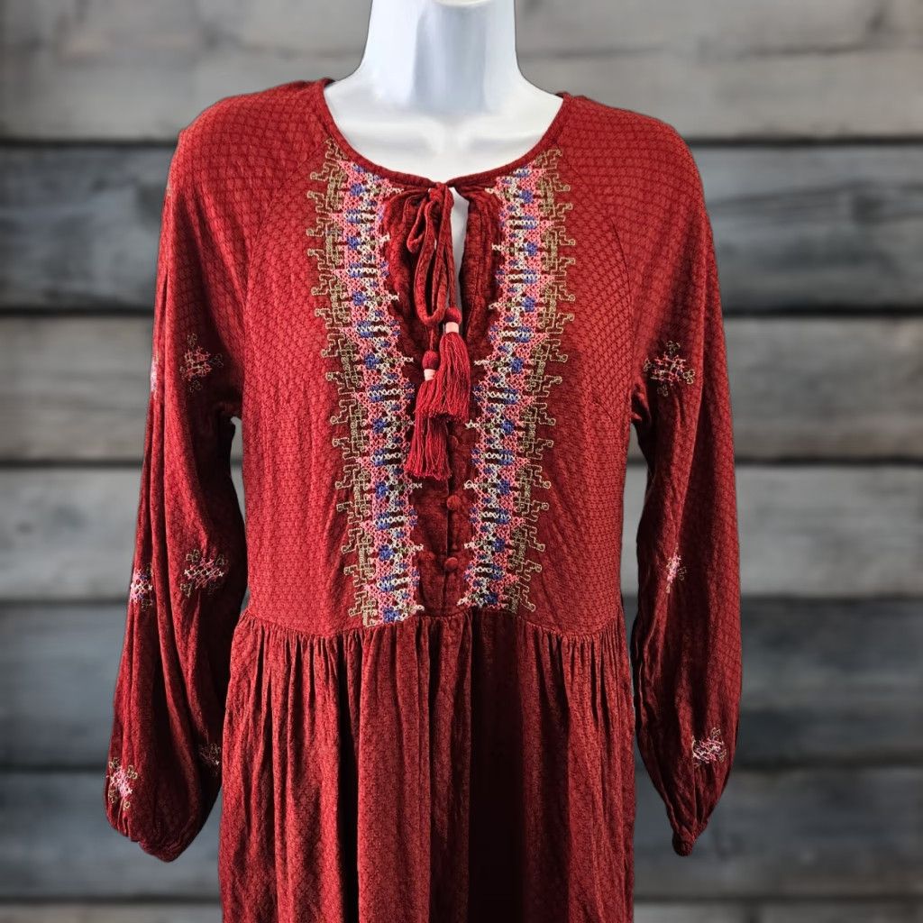 Vintage Knox Rose Dress Womens XS Red Pink Embroidered Long Sleeve Tassels Size XS / US 0-2 / IT 36-38 - 1 Thumbnail