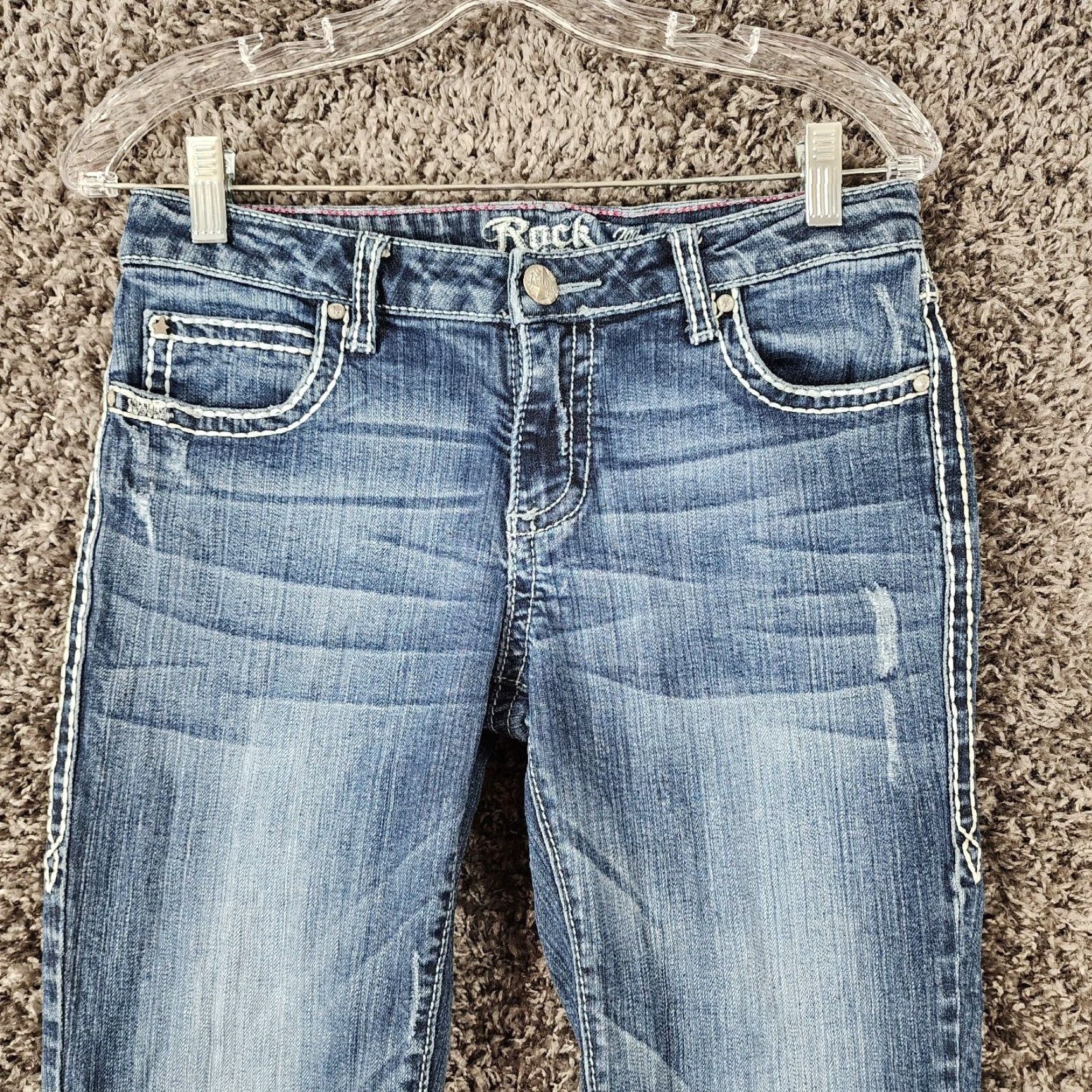 47 VINTAGE Rock 47 Womens Jeans Bootcut Heavy Stitch Distressed Size 5 Blue Size 27" / US 4 / IT 40 - 2 Thumbnail