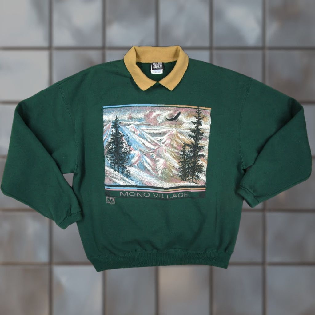 Vintage VINTAGE Real American Sweatshirt Men 2XL Collared Green Graphic Print Mono Village 90s Mens Size US XXL / EU 58 / 5 - 1 Thumbnail