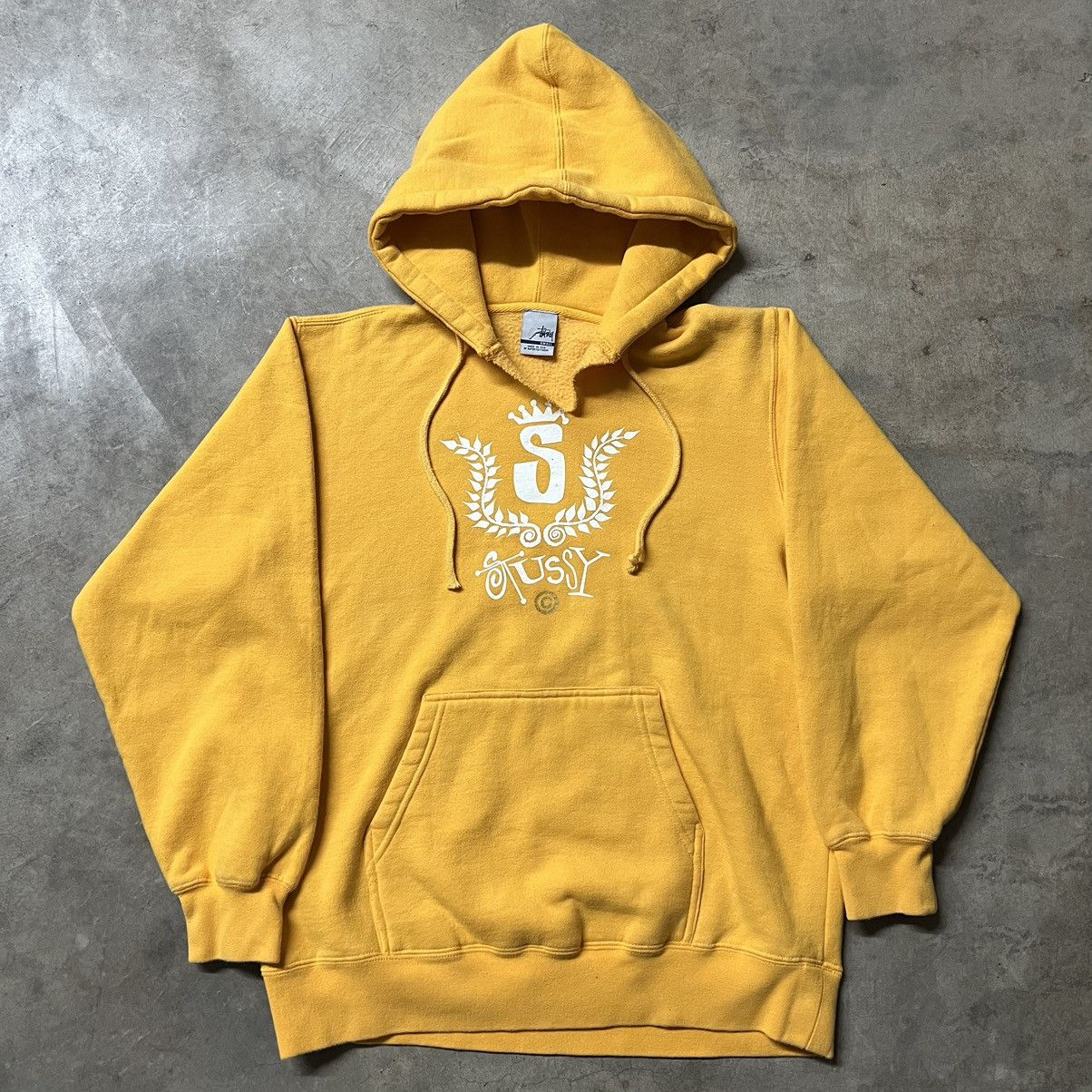 image of 90’S Stussy Graphic Made In Usa Hoodie Sweater in Yellow, Men's (Size Small)