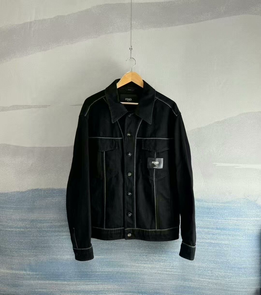 Fendi black denim jacket with leather patch Size US L / EU 52-54 / 3 - 1 Thumbnail