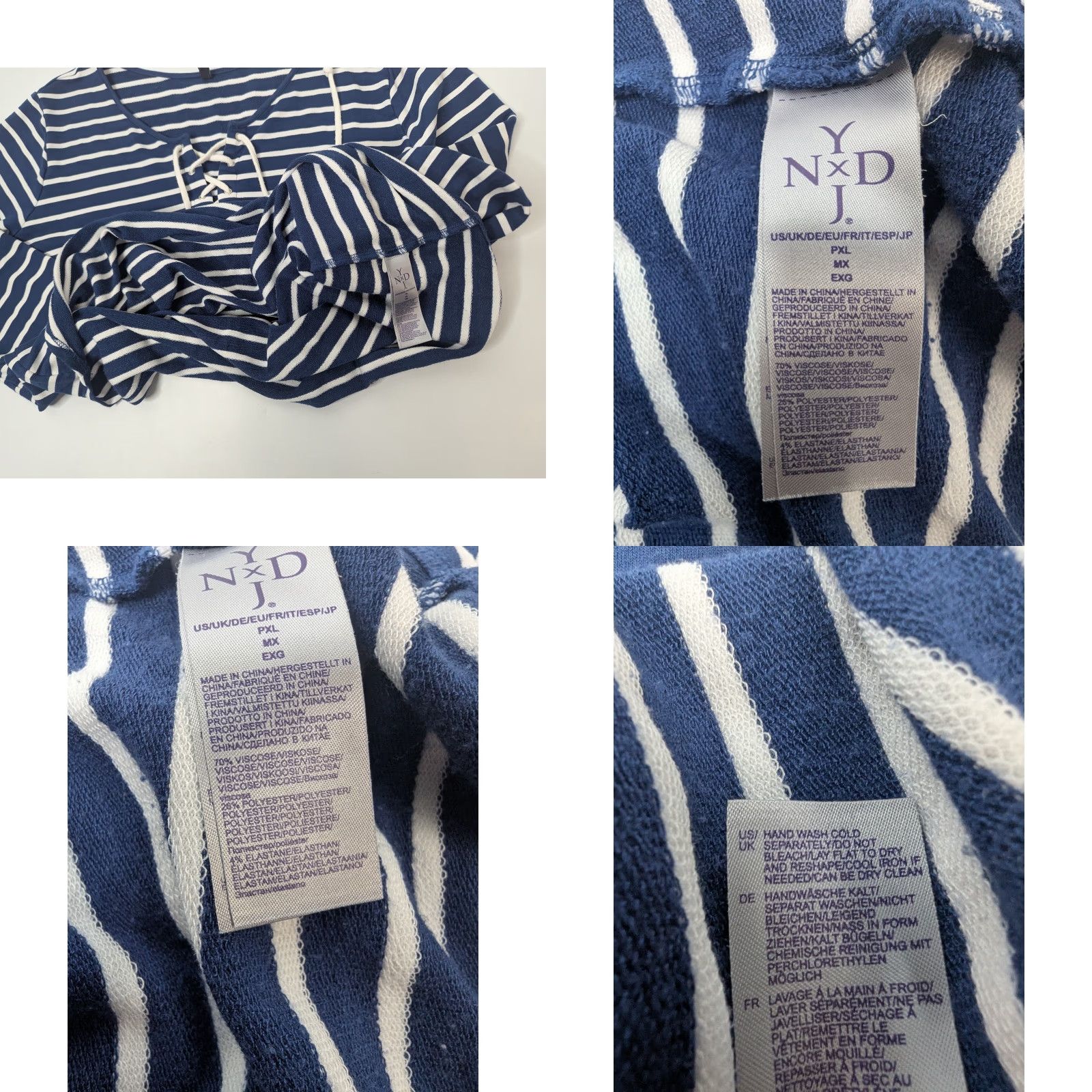 NYDJ NYDJ Shirt Women PXL Navy Striped Lace Up Long Sleeve V-Neck T-Shirt - Blue, Polyester Viscose Elastine Knit, Soft, Stretch, Unlined, Relaxed Fit Size XL / US 12-14 / IT 48-50 - 8 Thumbnail