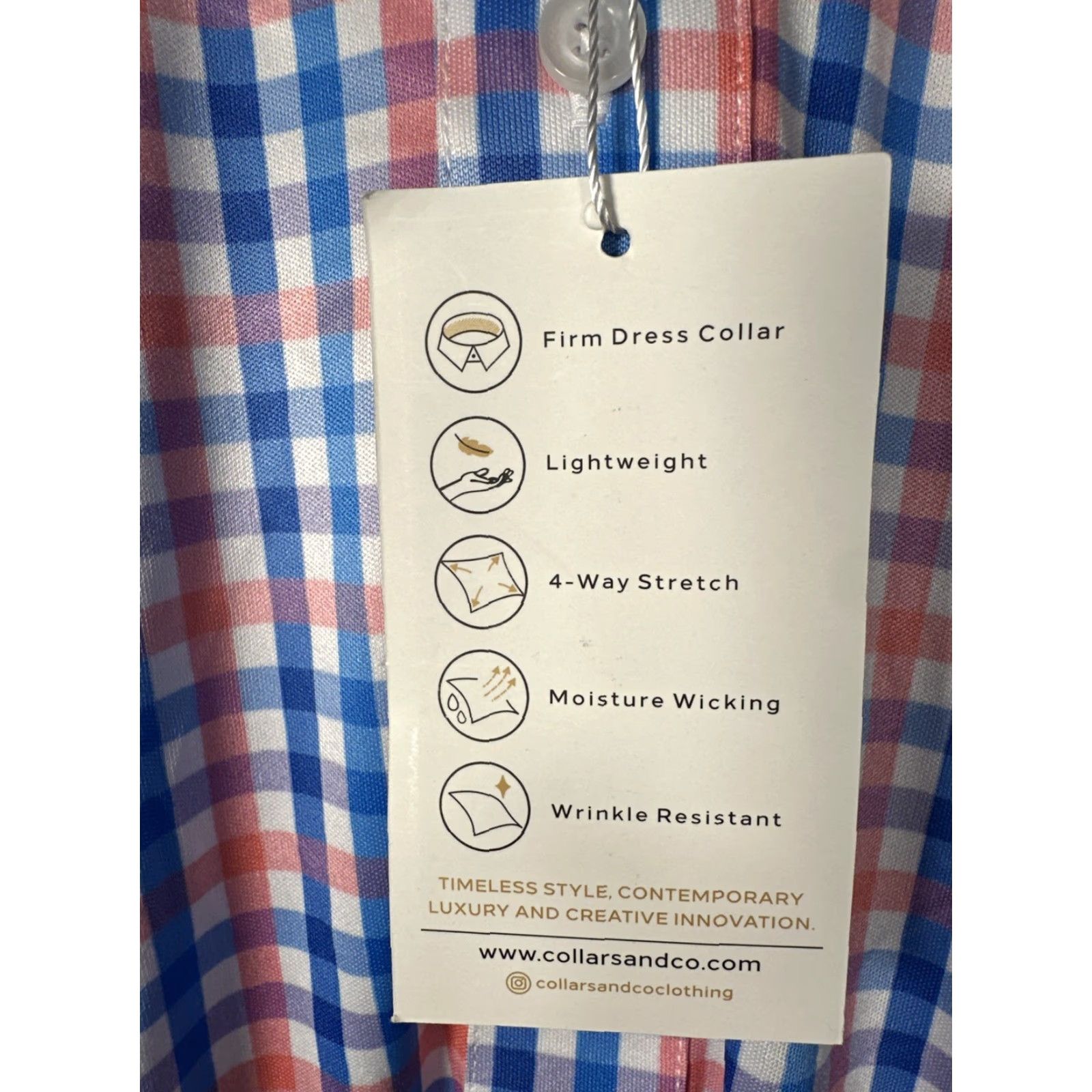 Vintage Collars & Co Dress Polo Shirt Gingham Short Sleeve Blue Pink Small Men Regular Size 36R - 3 Thumbnail