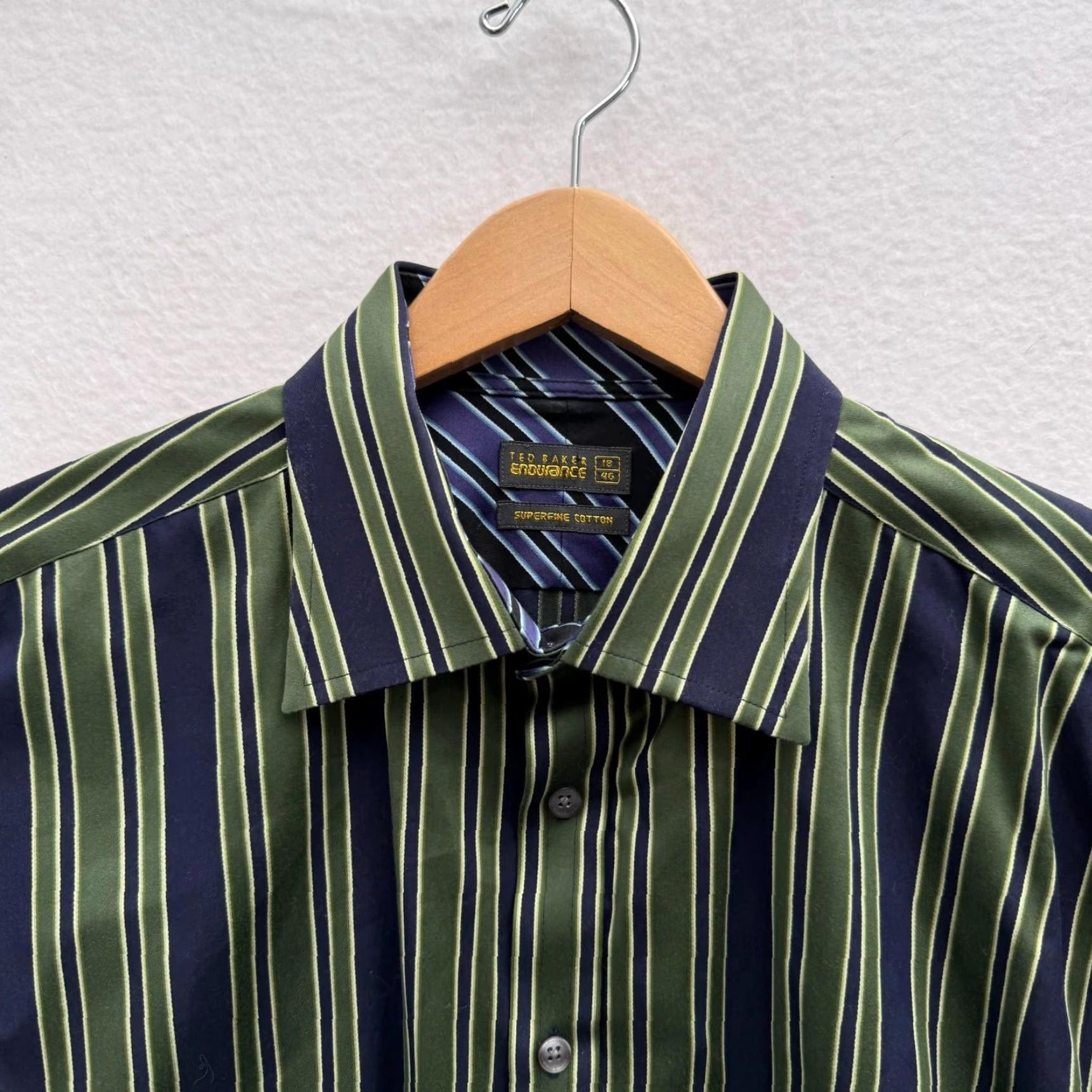 Ted Baker Ted Baker Dress Shirt Men XXL Blue Striped Cotton Endurance 18 46 Green Sleeve Long Shirt Size 48R - 3 Thumbnail