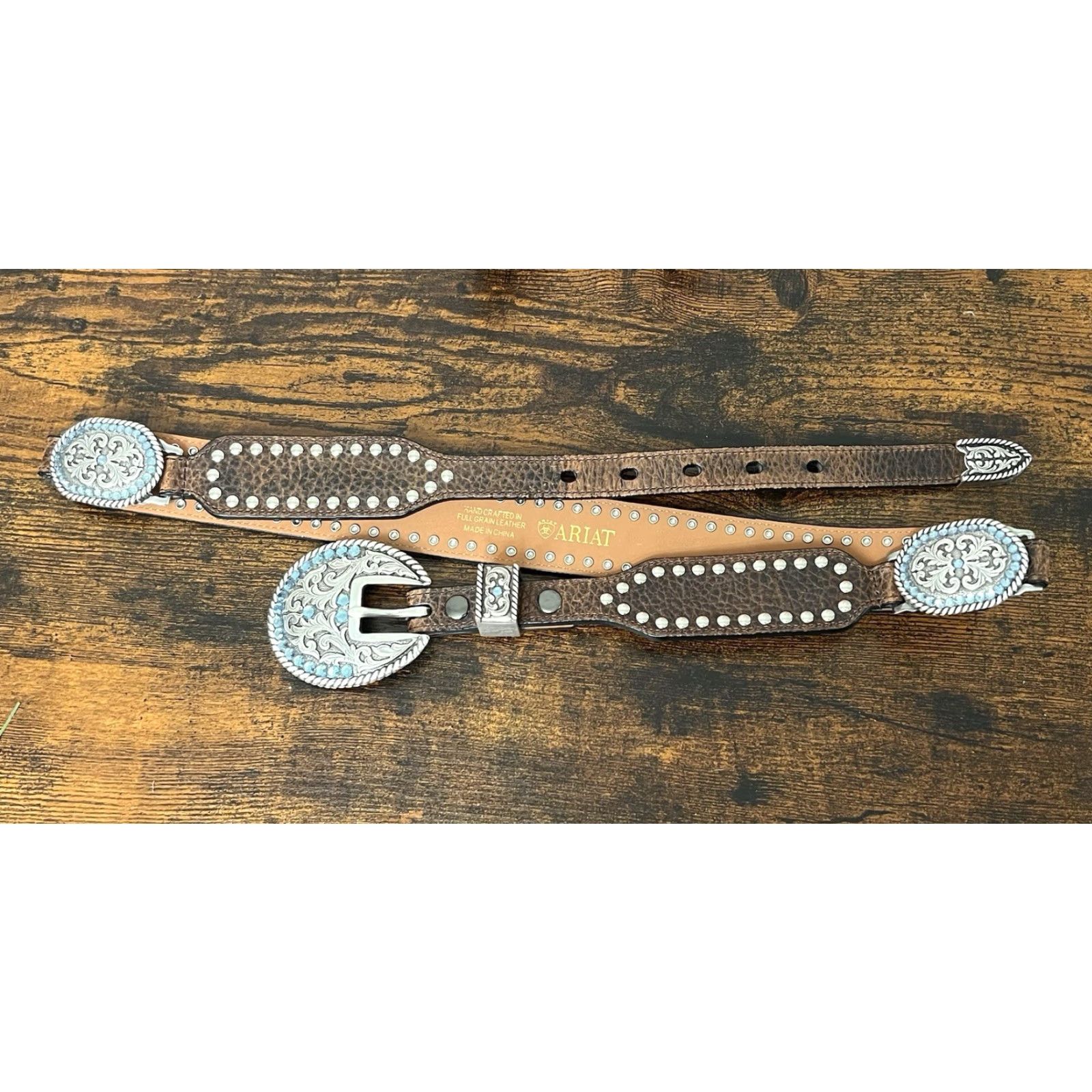 Ariat Ariat Belt Western Leather Blue Rhinestone Studded Buckle Silver 41” Adjustable Mens/Womens M Brown Cowgirl Country of Origin China Size ONE SIZE - 2 Thumbnail